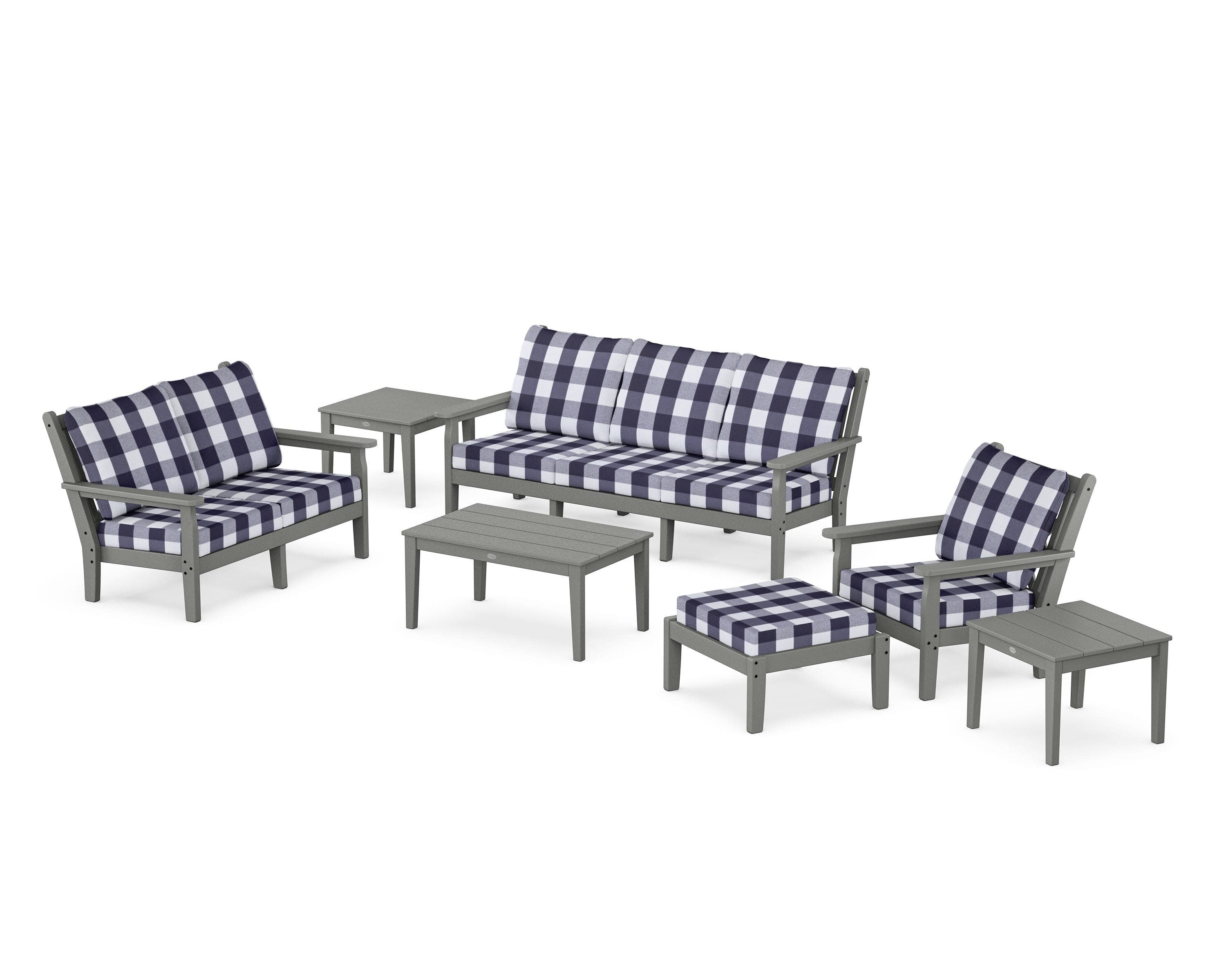 Chippendale 7-Piece Deep Seating Set in Slate Grey / Buffalo Plaid Navy