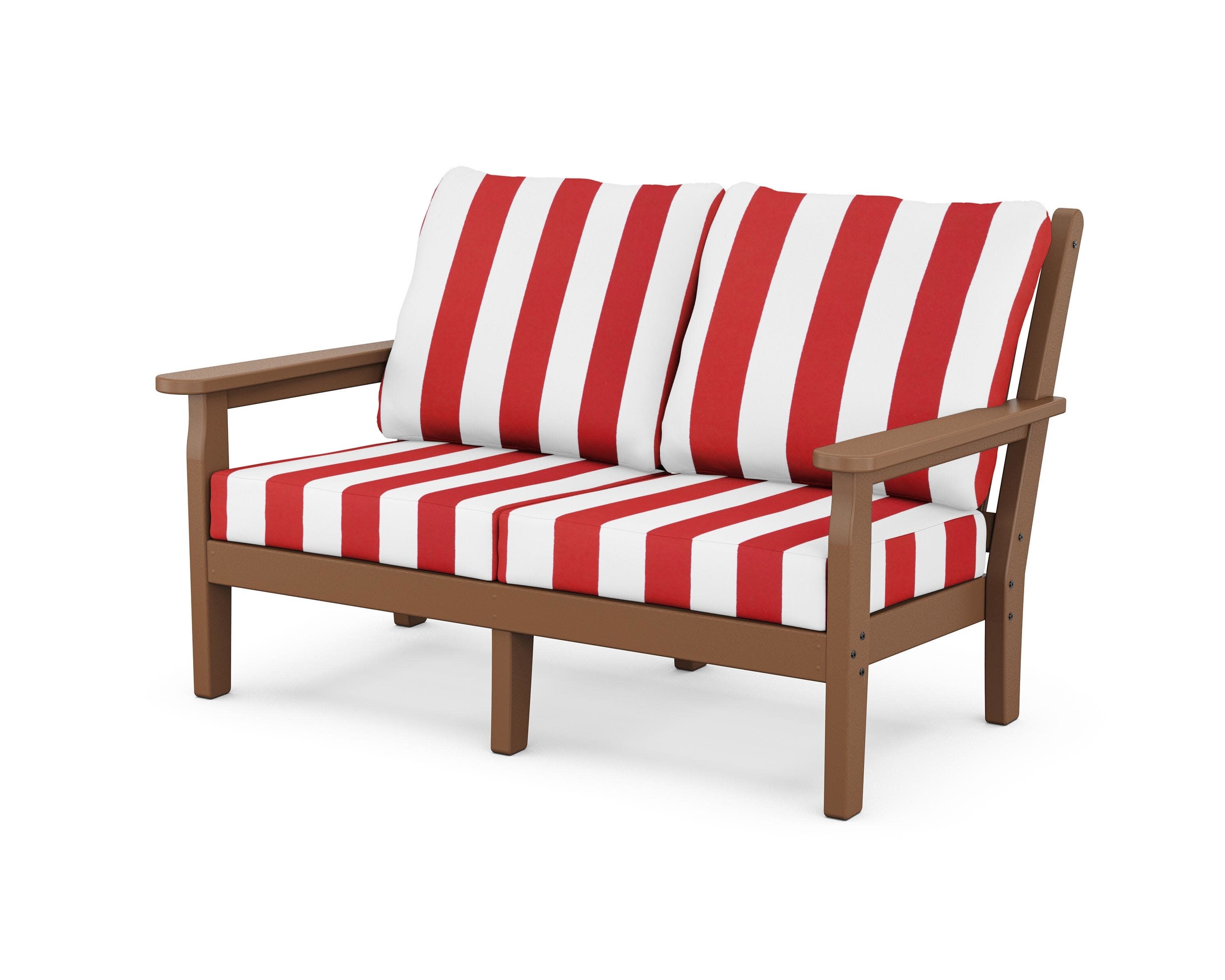 Chippendale Deep Seating Loveseat in Teak / Cabana Stripe Crimson