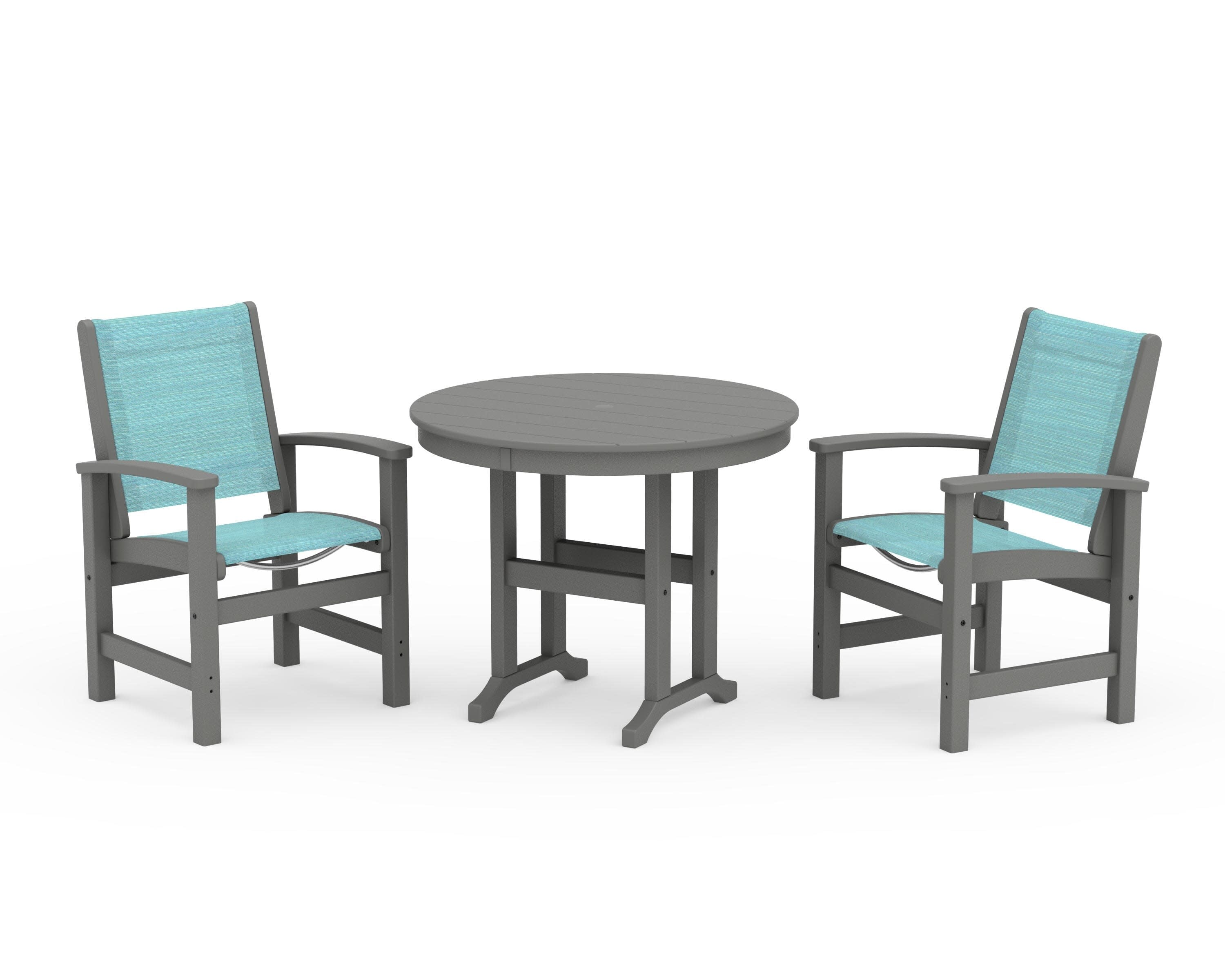 Coastal 3-Piece Round Dining Set in Slate Grey / Dupioni Aquamarine Sling