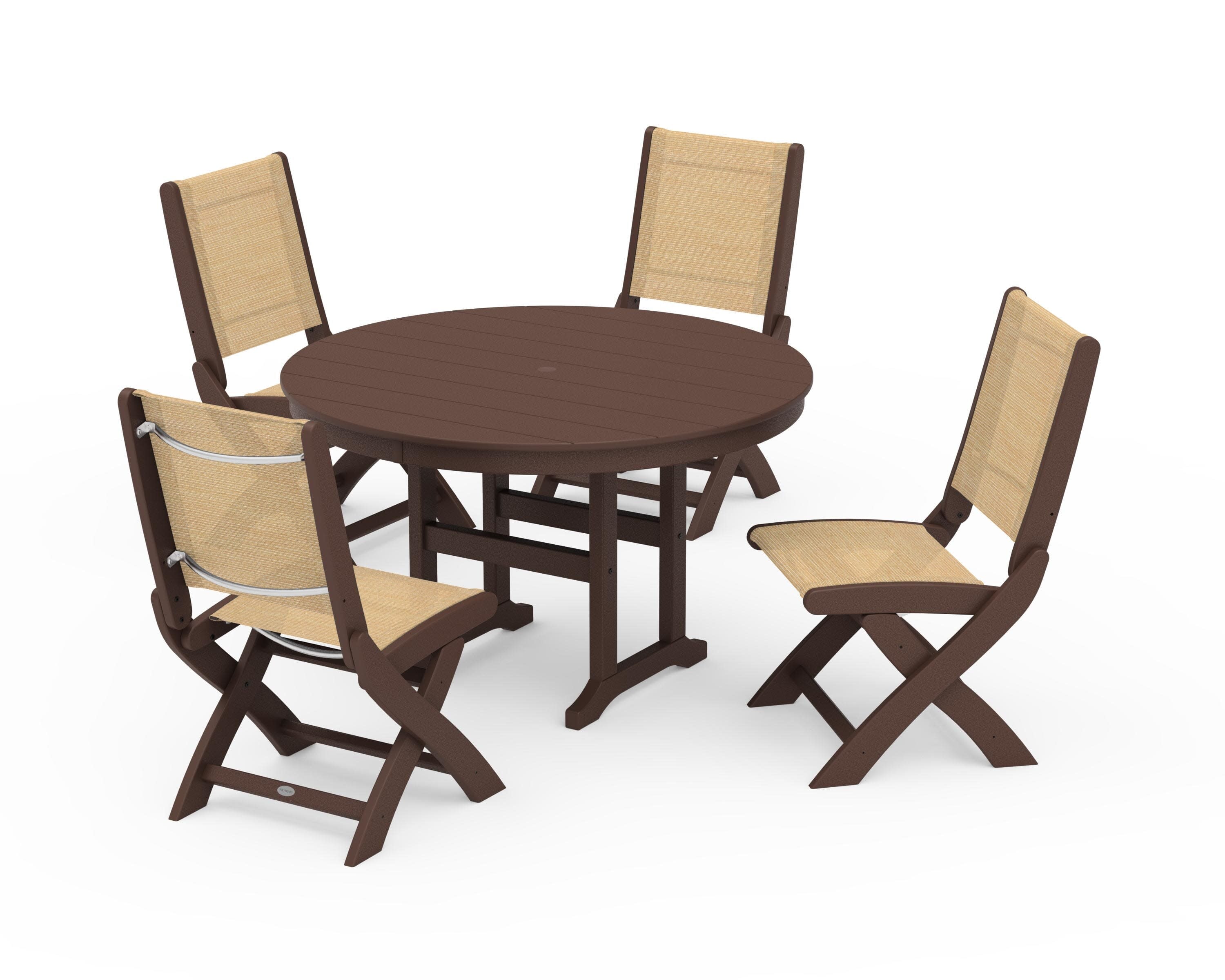 Coastal Folding Side Chair 5-Piece Round Dining Set in Mahogany / Dupioni Apricot Sling