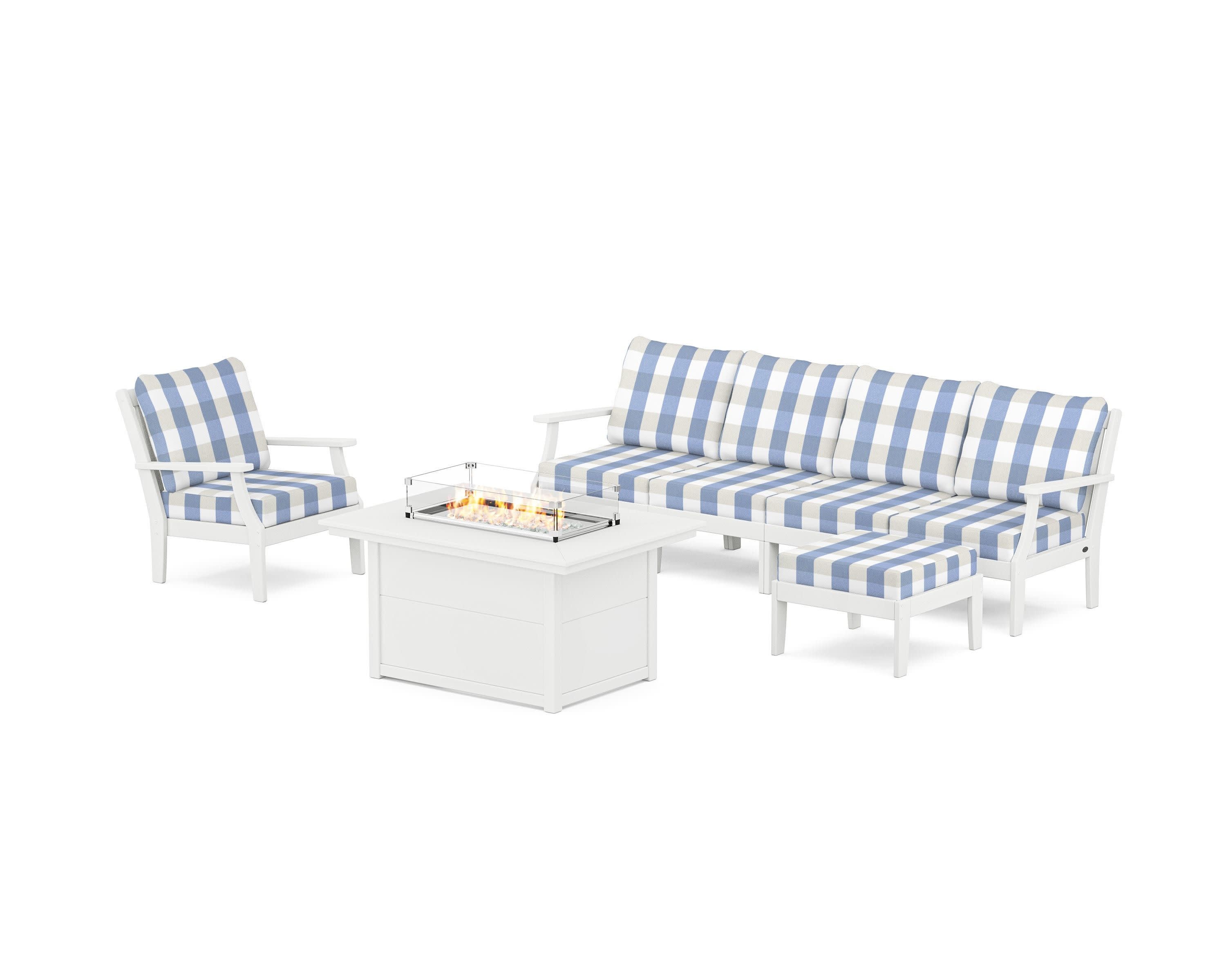 Braxton Sectional Lounge and Fire Pit Set in White / Buffalo Plaid Sky Blue