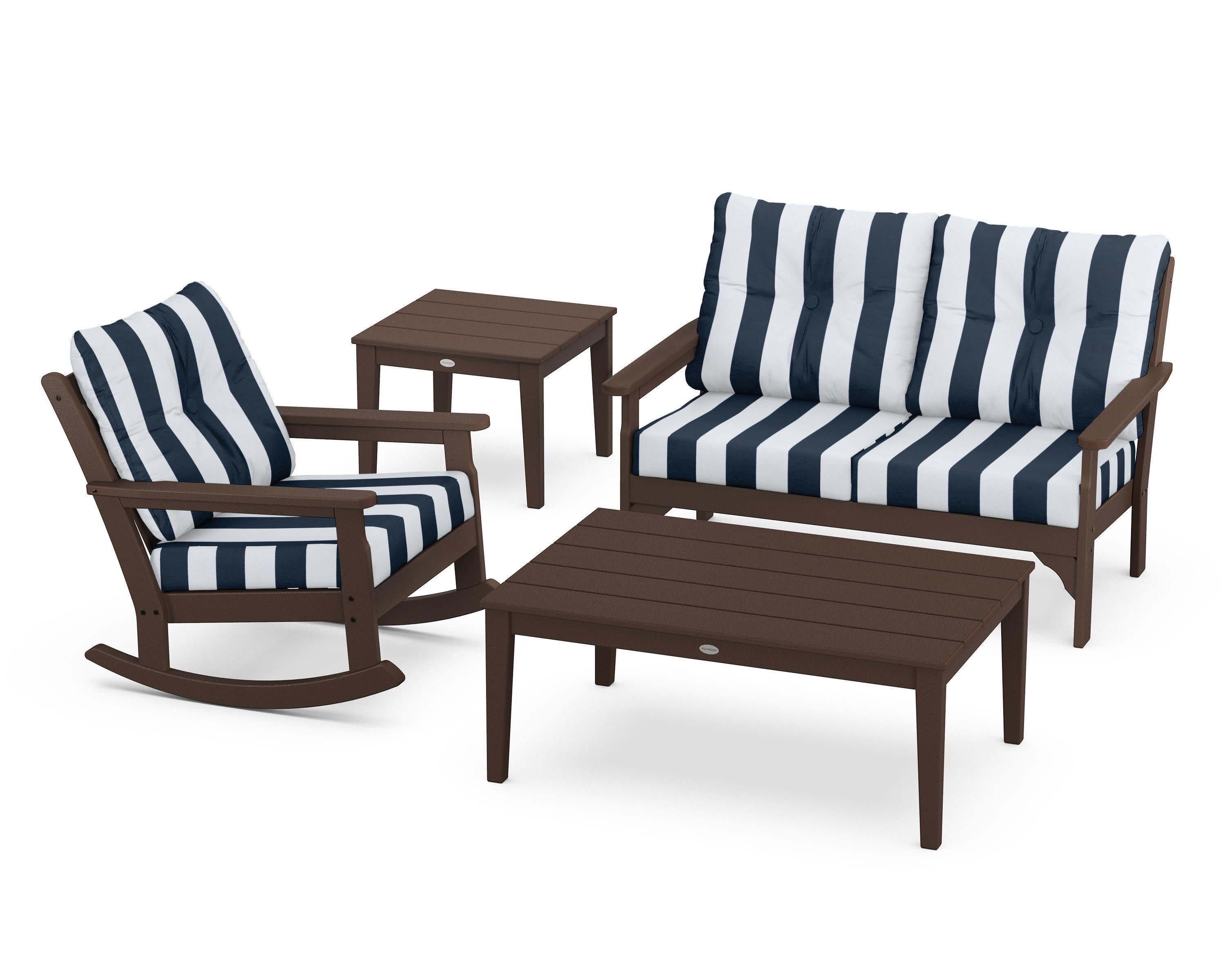 Vineyard 4-Piece Deep Seating Rocker Set in Mahogany / Cabana Stripe Marine Indigo