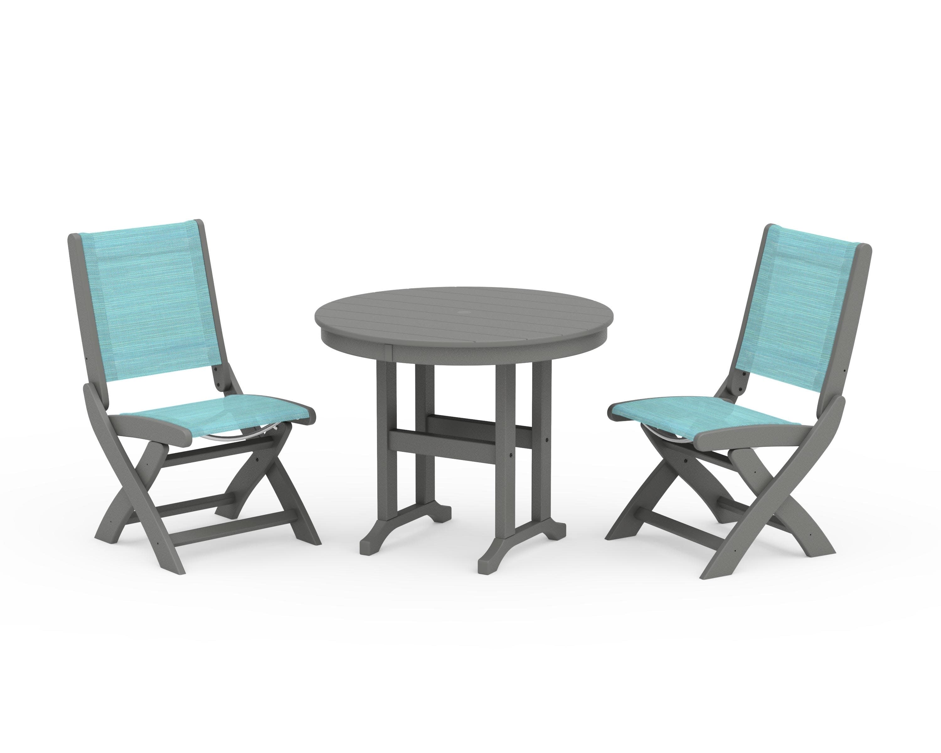 Coastal Folding Side Chair 3-Piece Round Dining Set in Slate Grey / Dupioni Aquamarine Sling