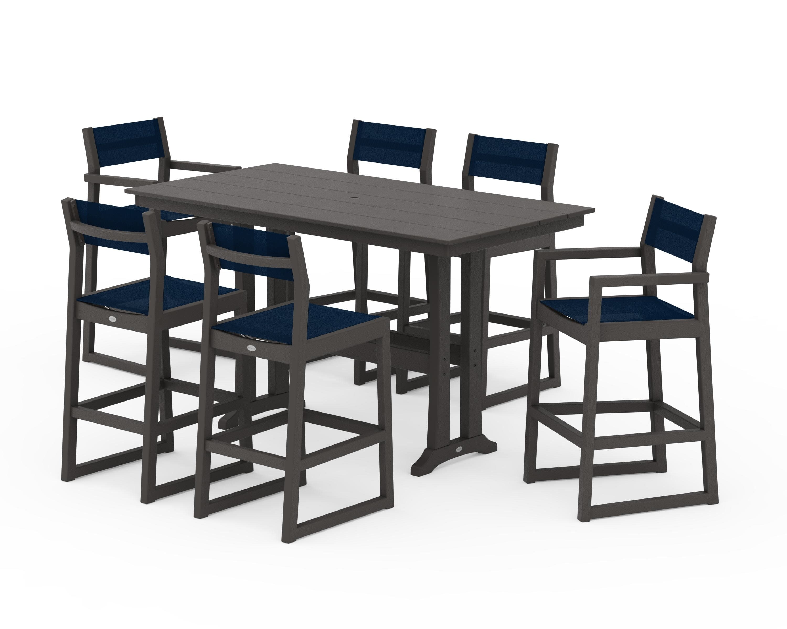 EDGE Sling 7-Piece Farmhouse Bar Set with Trestle Legs in Vintage Coffee / Navy Blue Sling
