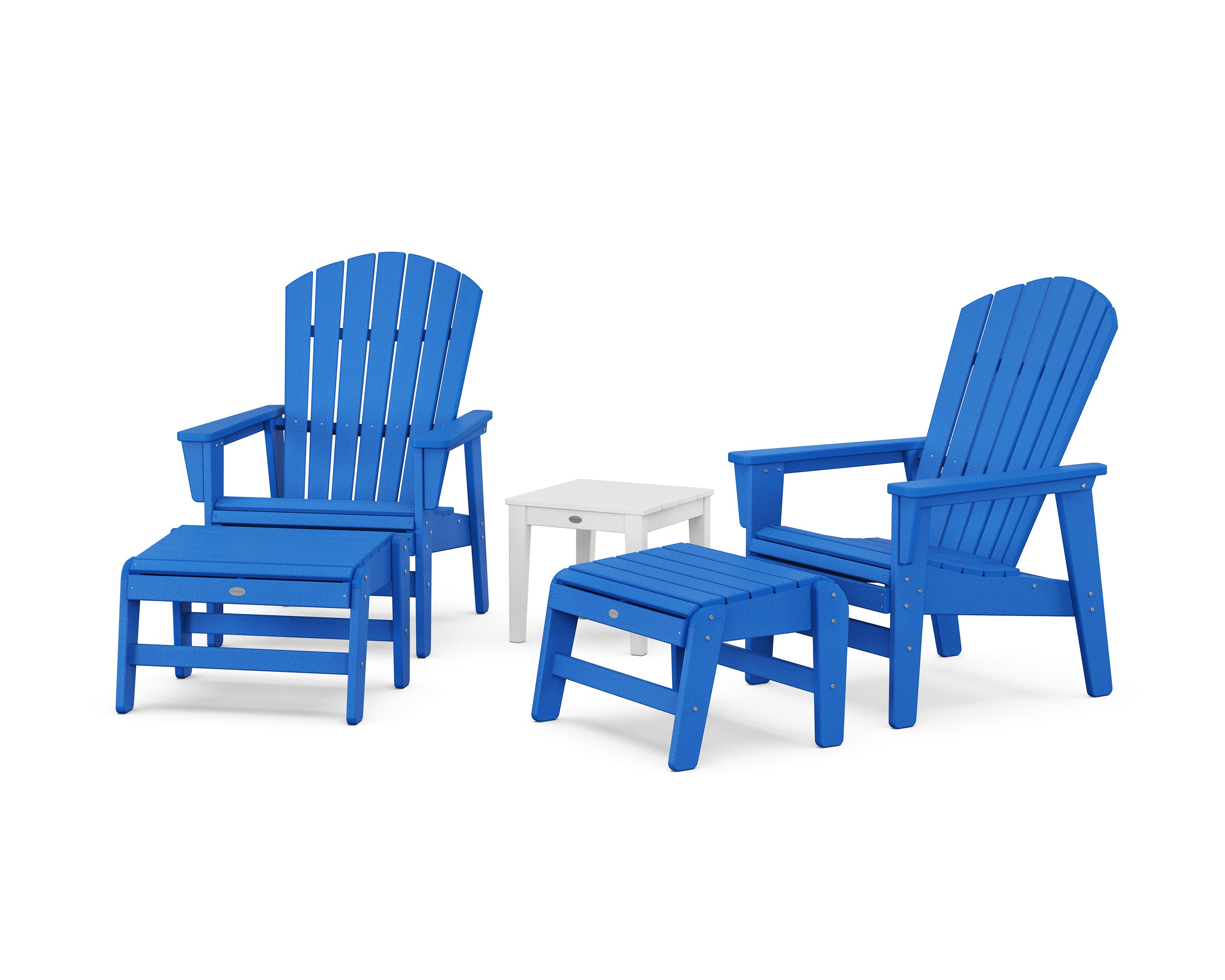 5-Piece Nautical Grand Upright Adirondack Set with Ottomans and Side Table in Pacific Blue / White
