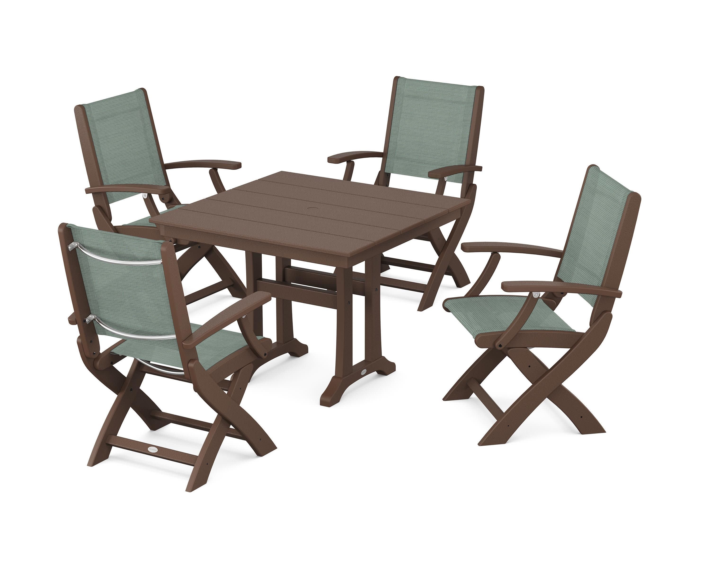 Coastal Folding Chair 5-Piece Farmhouse Dining Set With Trestle Legs in Mahogany / Dupioni Sea Mist Sling