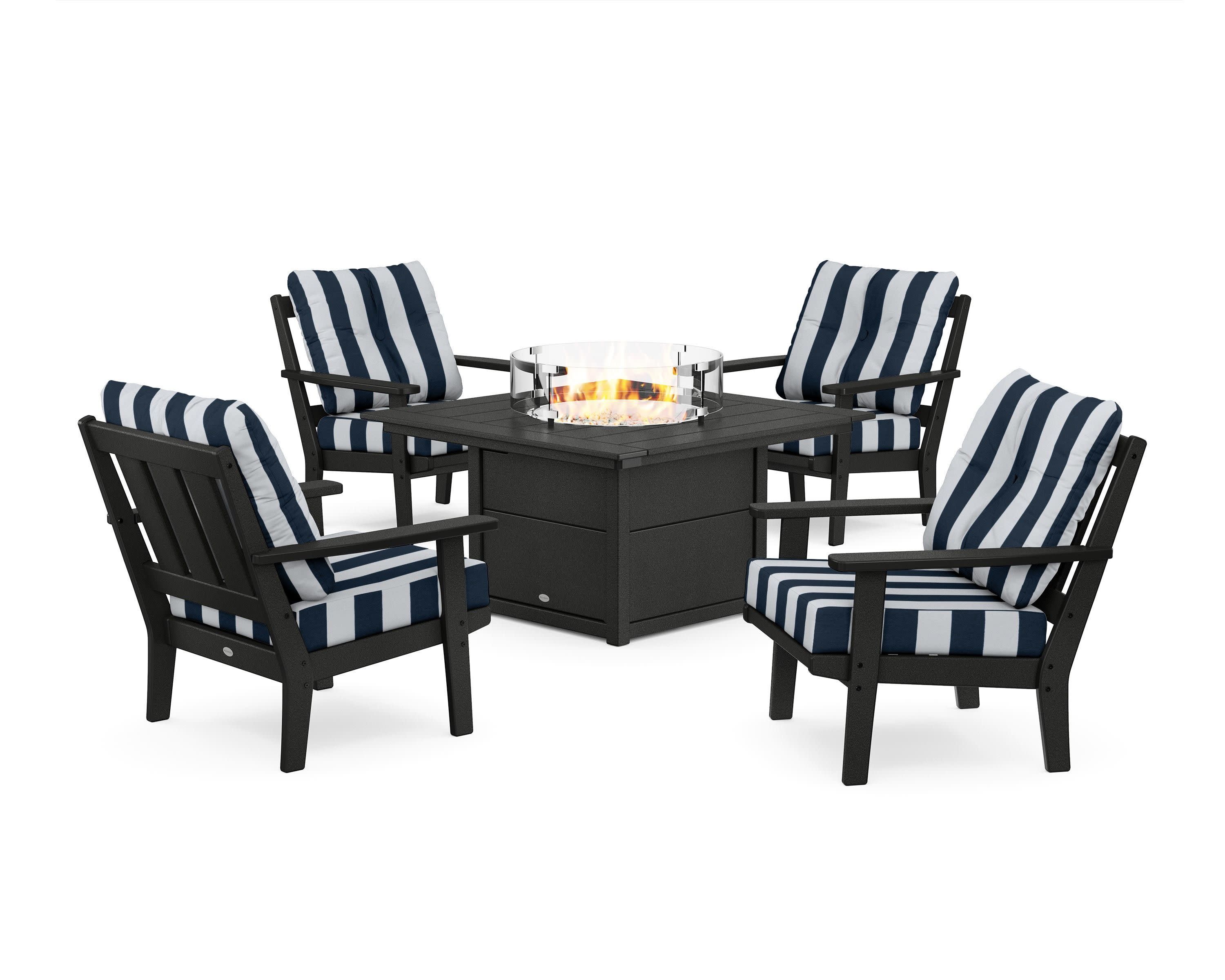 Oxford 5-Piece Deep Seating Set with Fire Pit Table in Black / Cabana Stripe Marine Indigo