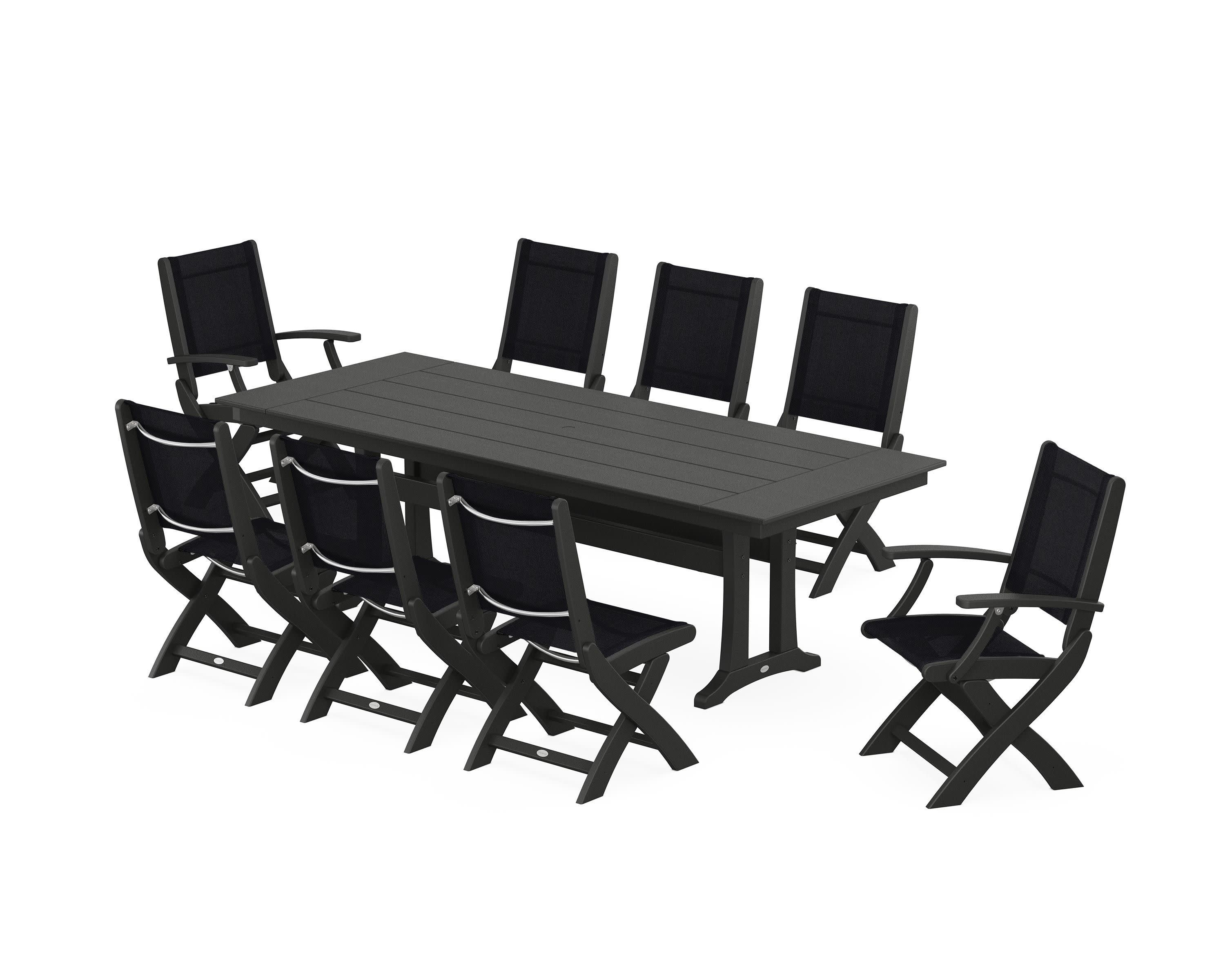 Coastal 9-Piece Folding Dining Chair Farmhouse Dining Set with Trestle Legs in Black / Black Sling