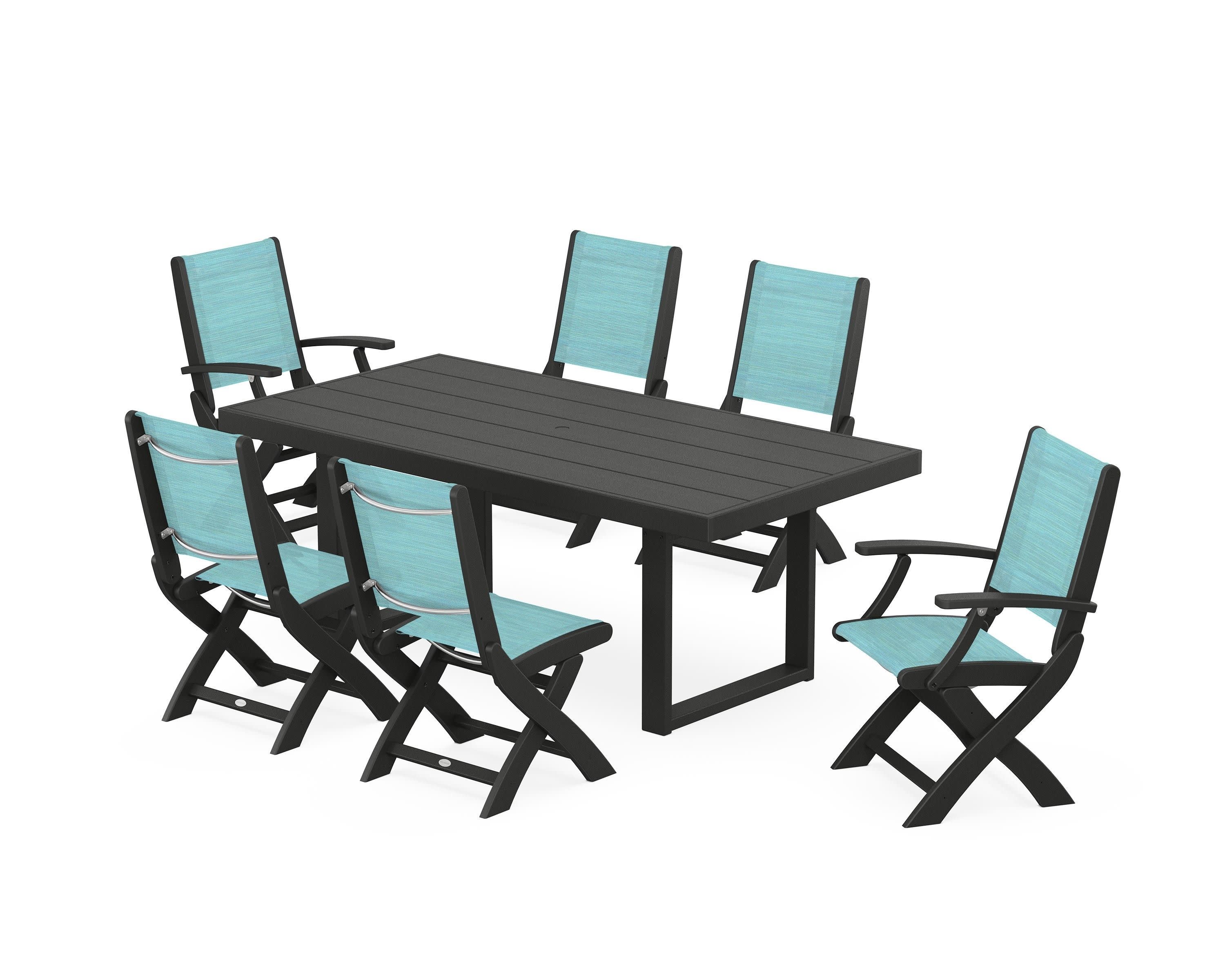 Coastal Folding Chair 7-Piece Dining Set with Trestle Legs in Black / Dupioni Aquamarine Sling
