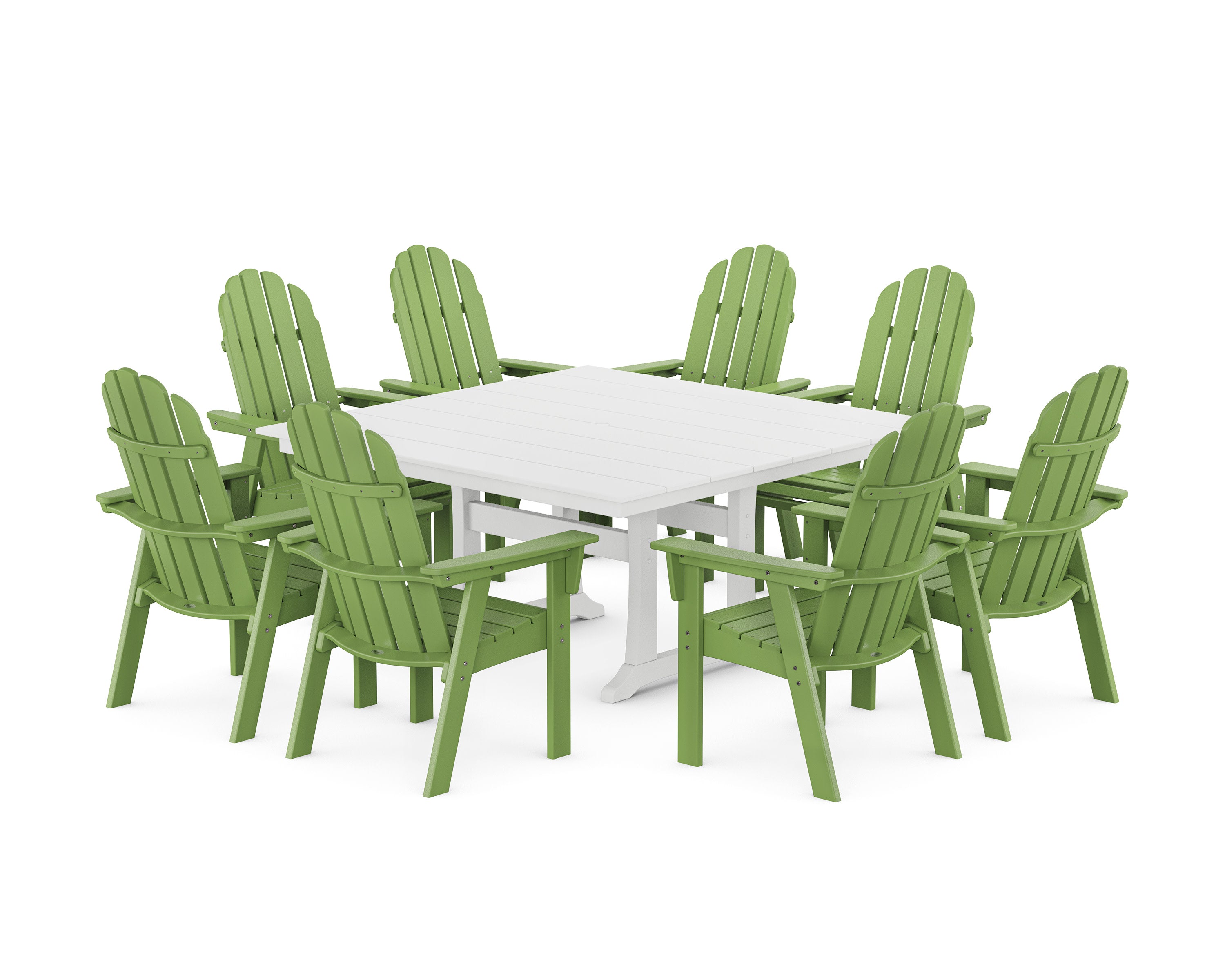 Vineyard Curveback Adirondack 9-Piece Square Farmhouse Dining Set with Trestle Legs in Lime / White