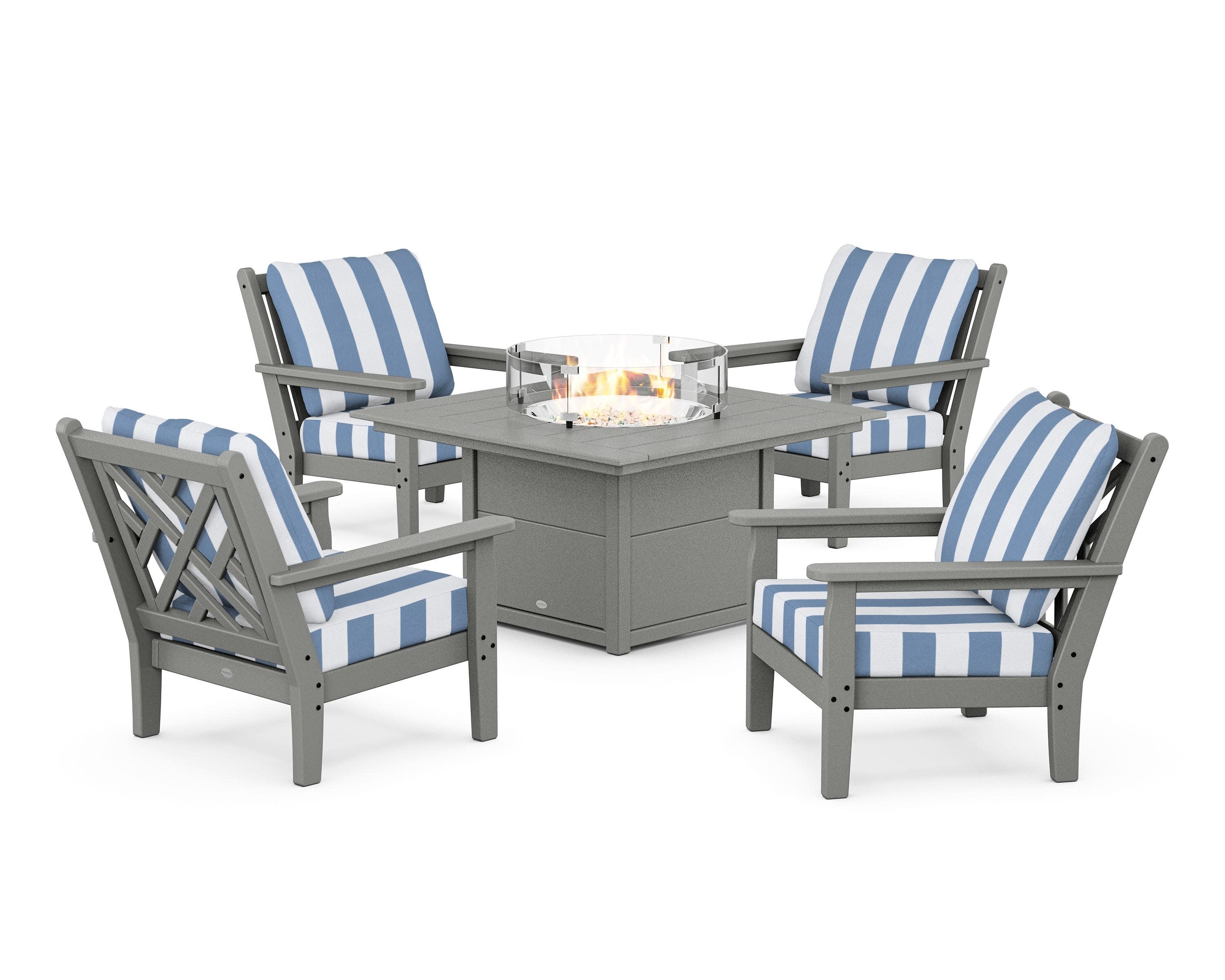 Chippendale 5-Piece Deep Seating Set with Fire Pit Table in Slate Grey / Cabana Stripe Sky Blue