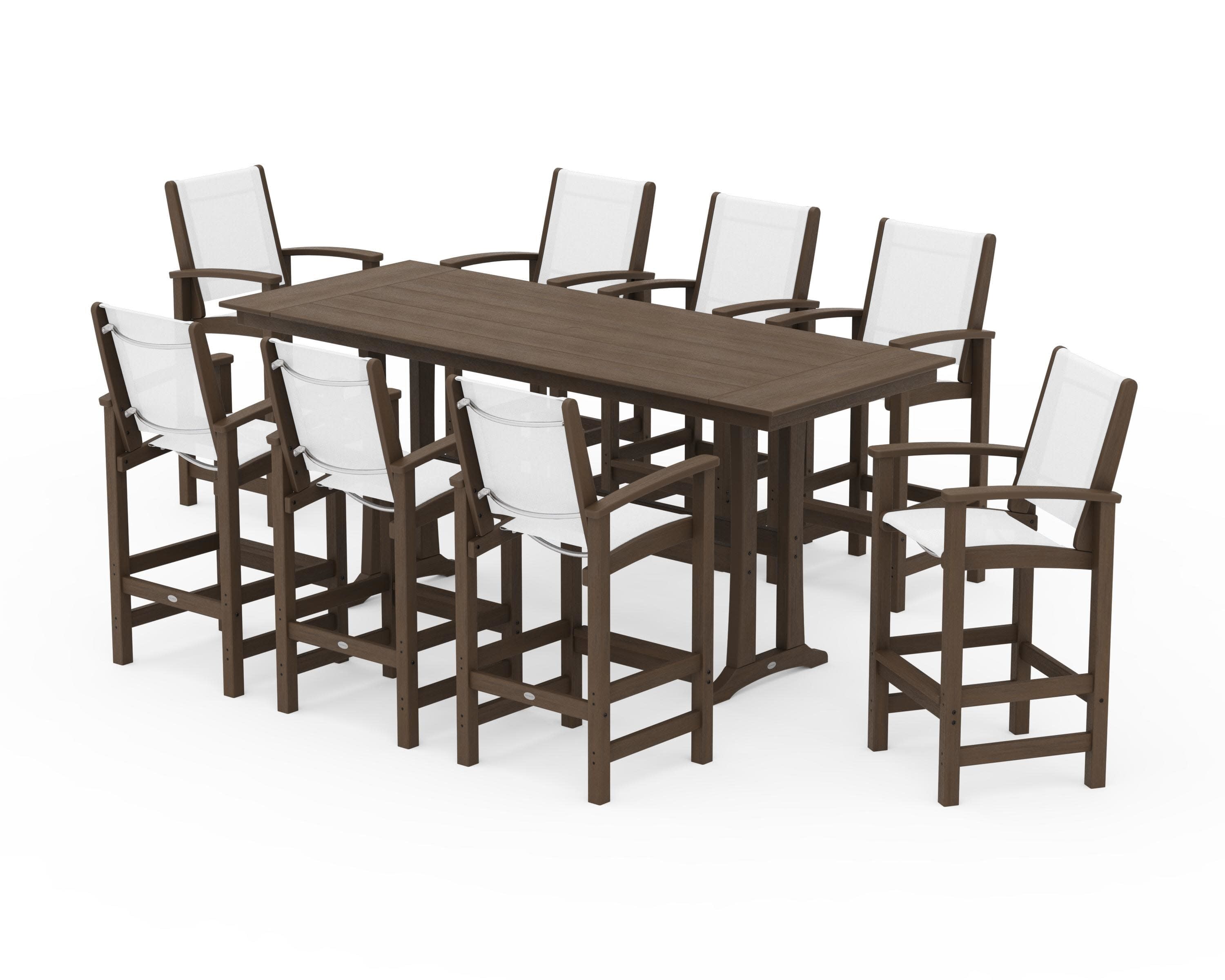Coastal 9-Piece Farmhouse Bar Set with Trestle Legs in Kona / White Sling