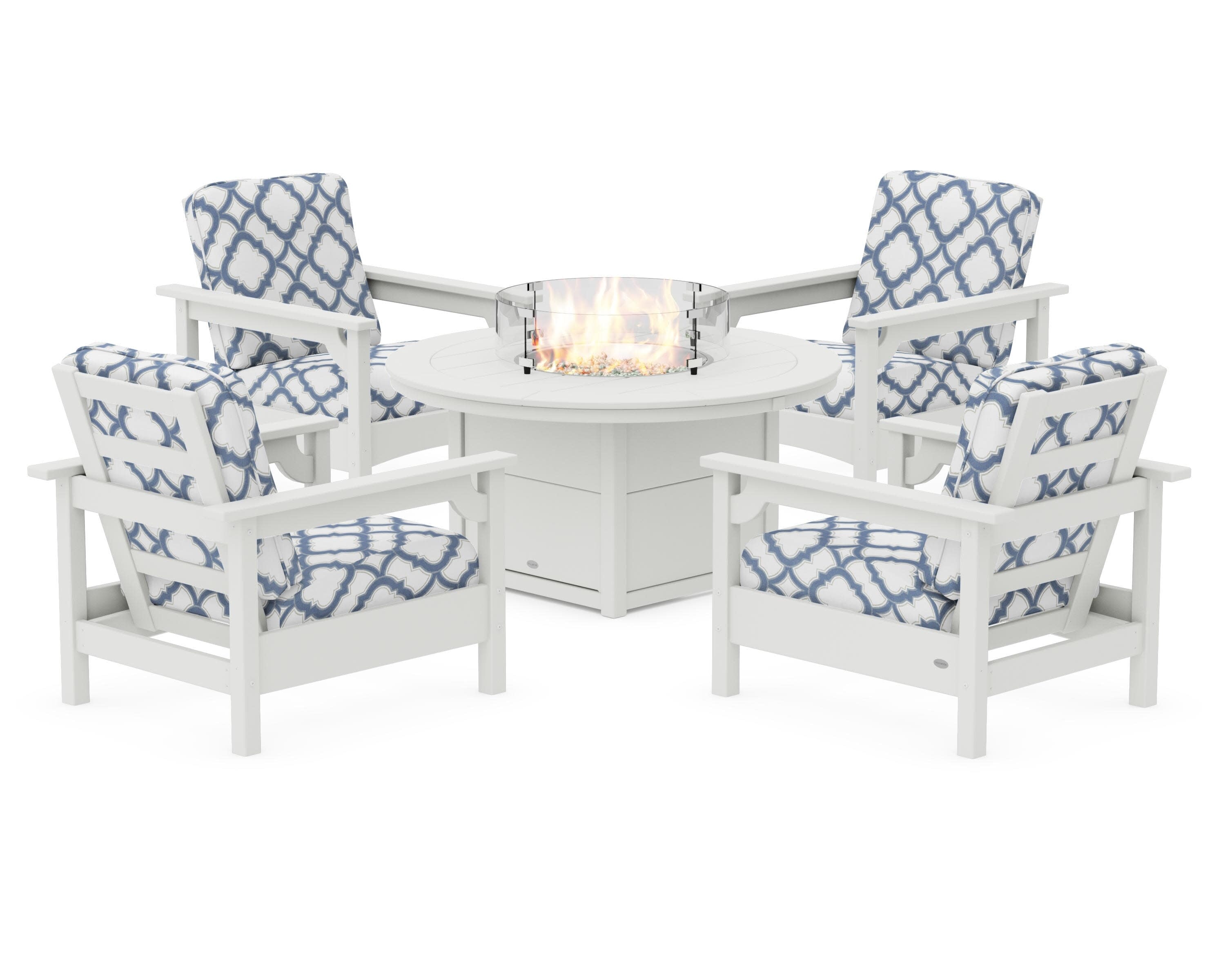 Club 5-Piece Conversation Set with Fire Pit Table in Vintage White / Trellis Sky Blue