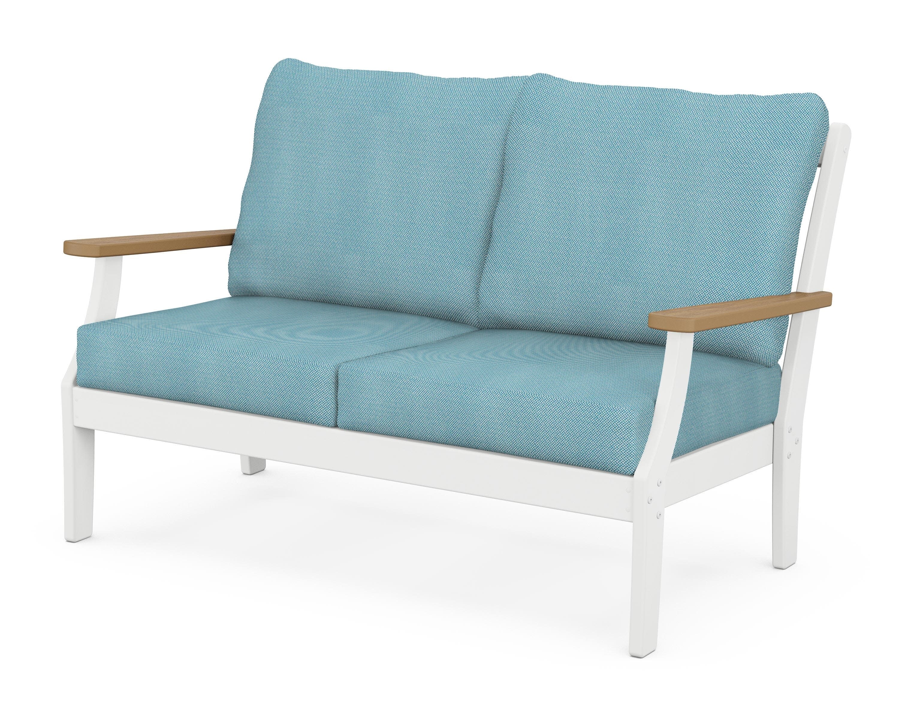 Braxton Deep Seating Loveseat in White / Natural / Lattice Sky Blue