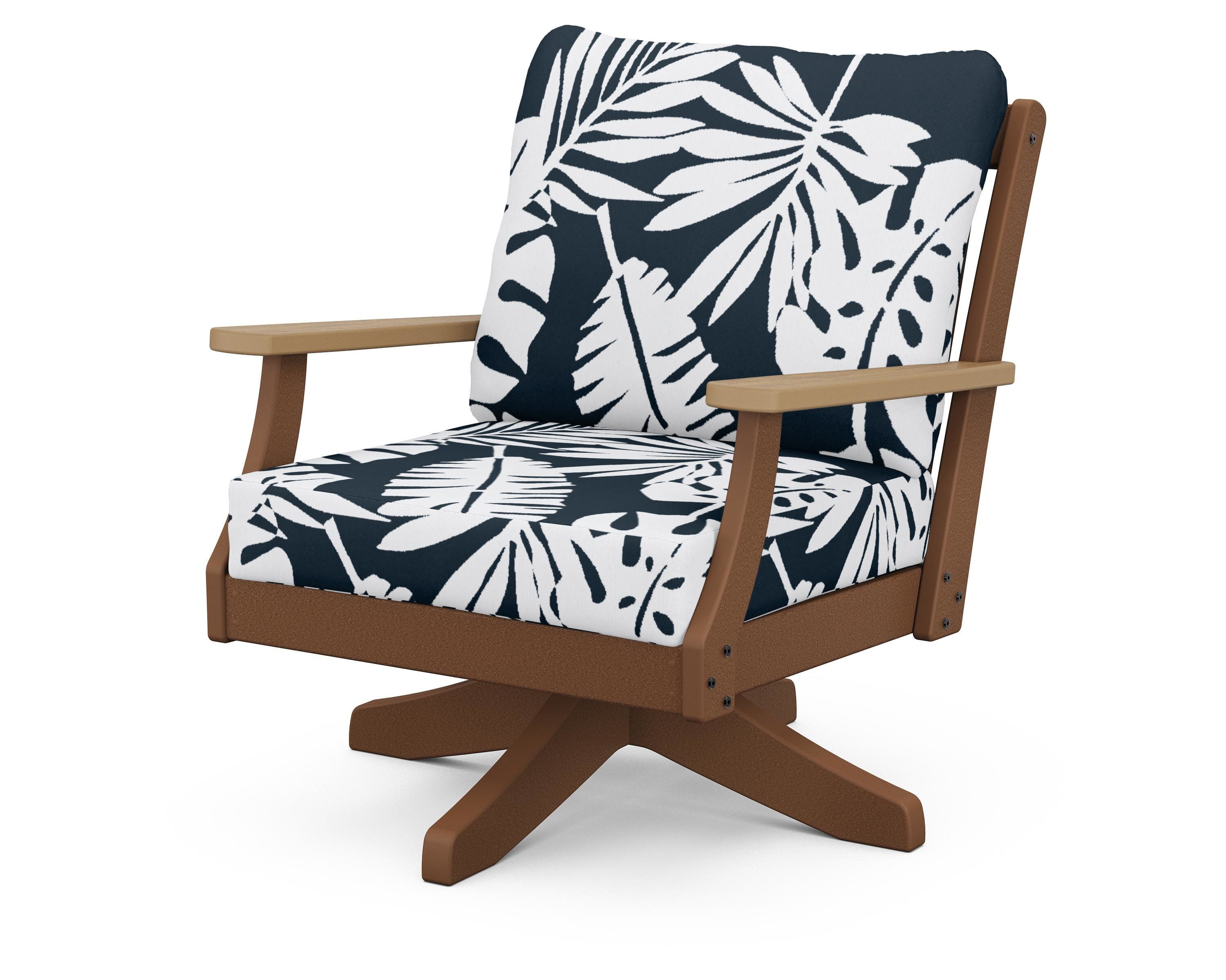 Braxton Deep Seating Swivel Chair in Teak / Natural / Leaf Marine Indigo