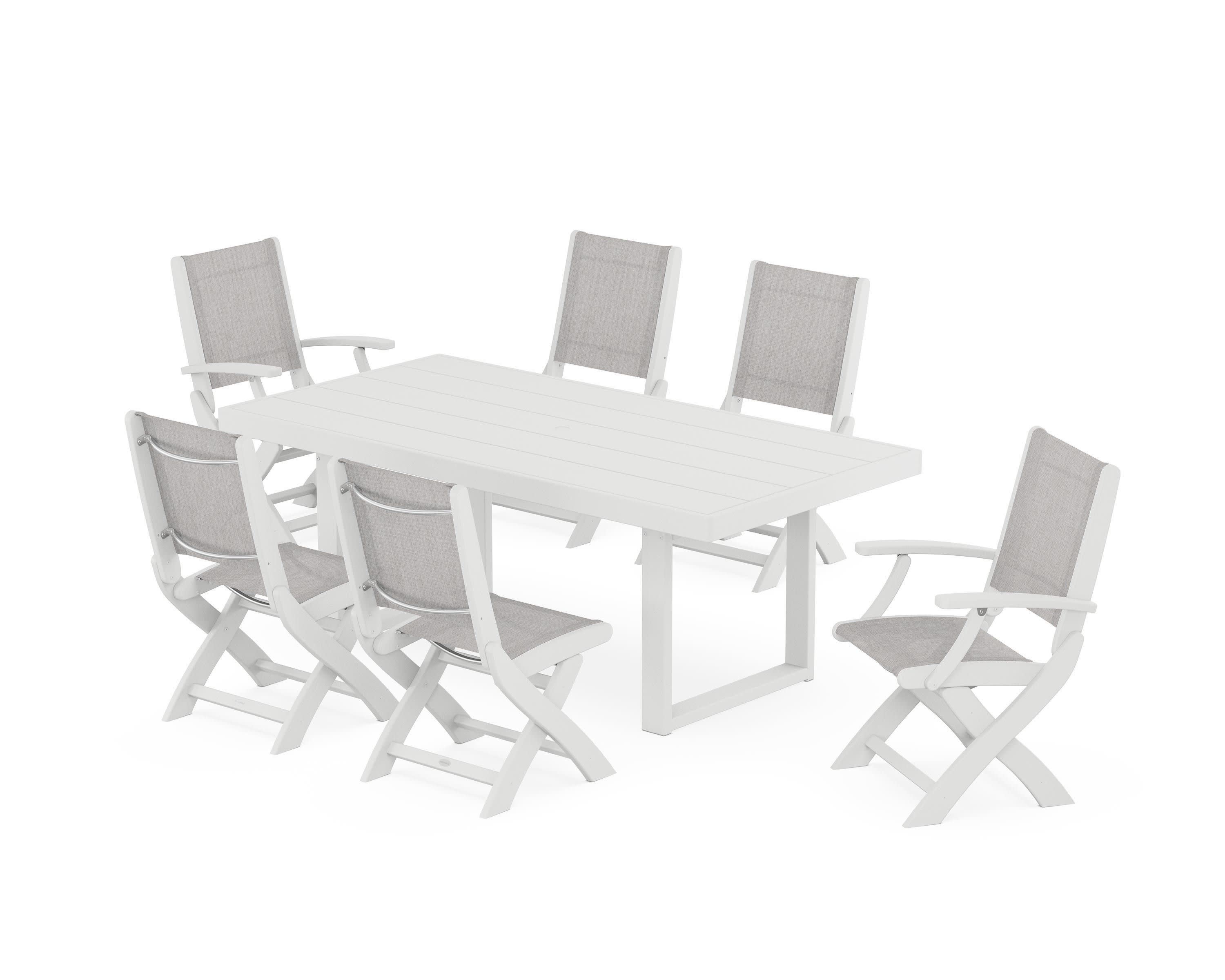 Coastal Folding Chair 7-Piece Dining Set with Trestle Legs in White / Parchment Sling