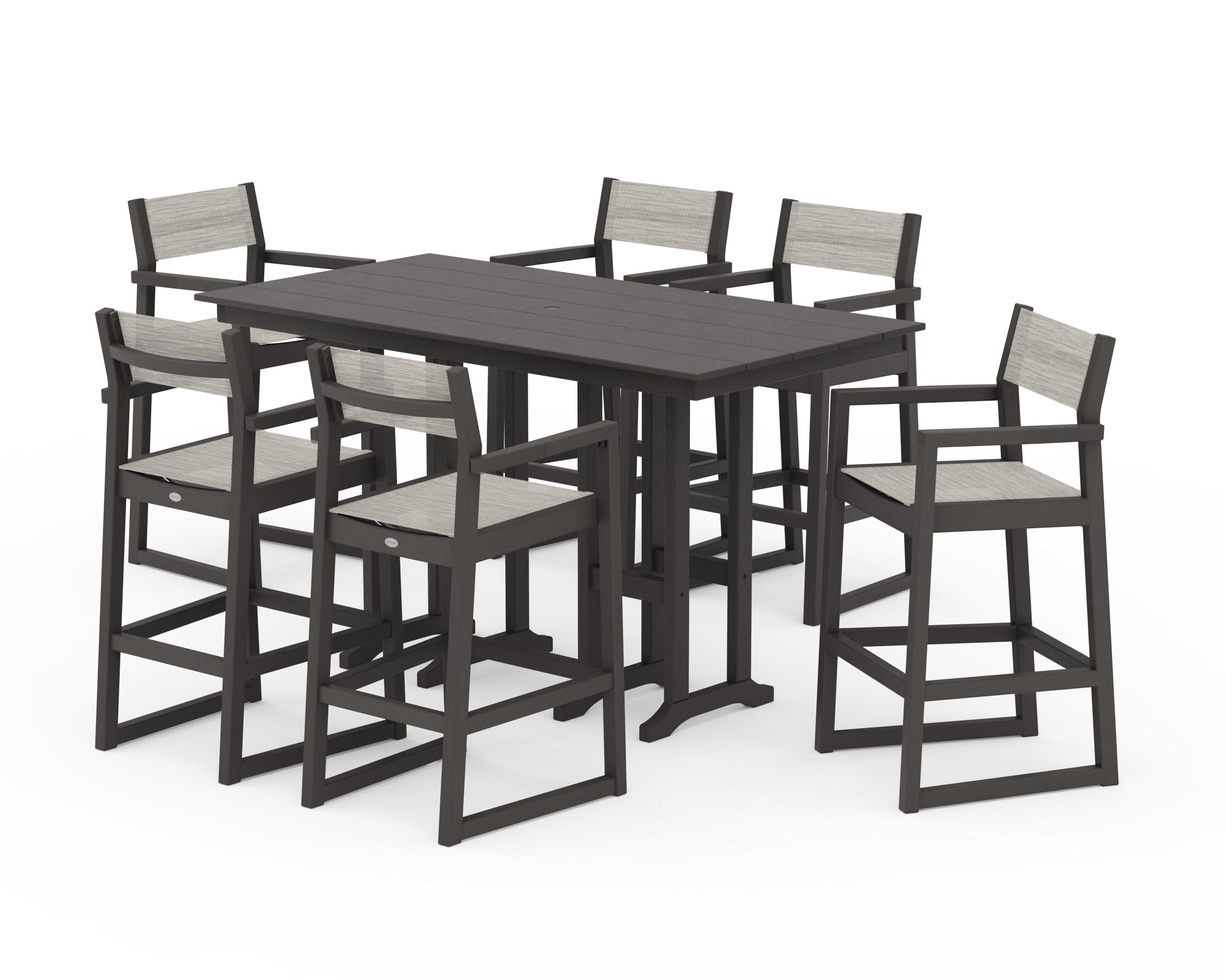 EDGE Sling Arm Chair 7-Piece Farmhouse Bar Set in Vintage Coffee / Birch Sling