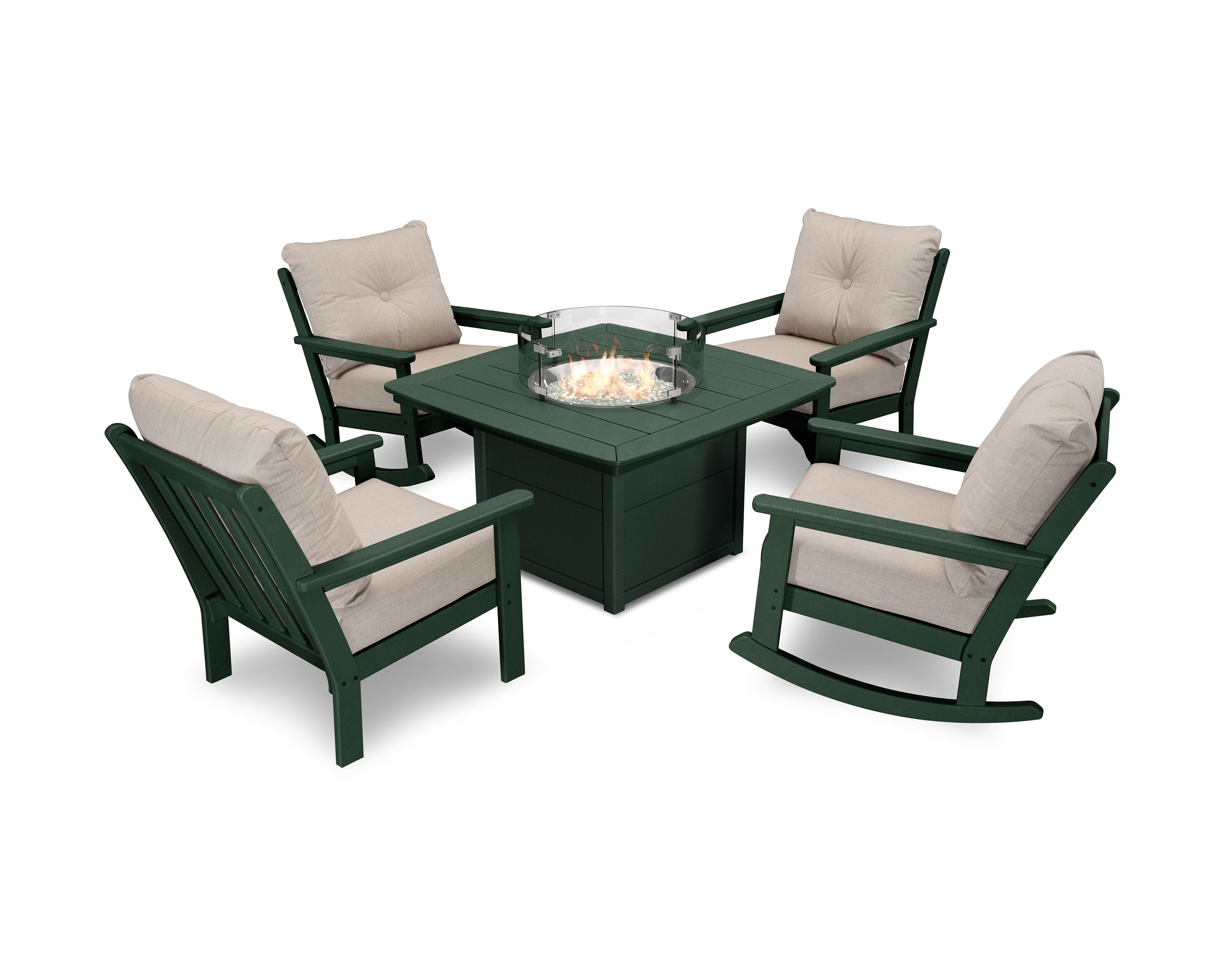 Vineyard 5-Piece Deep Seating Rocking Chair Conversation Set with Fire Pit Table in Green / Cast Ash
