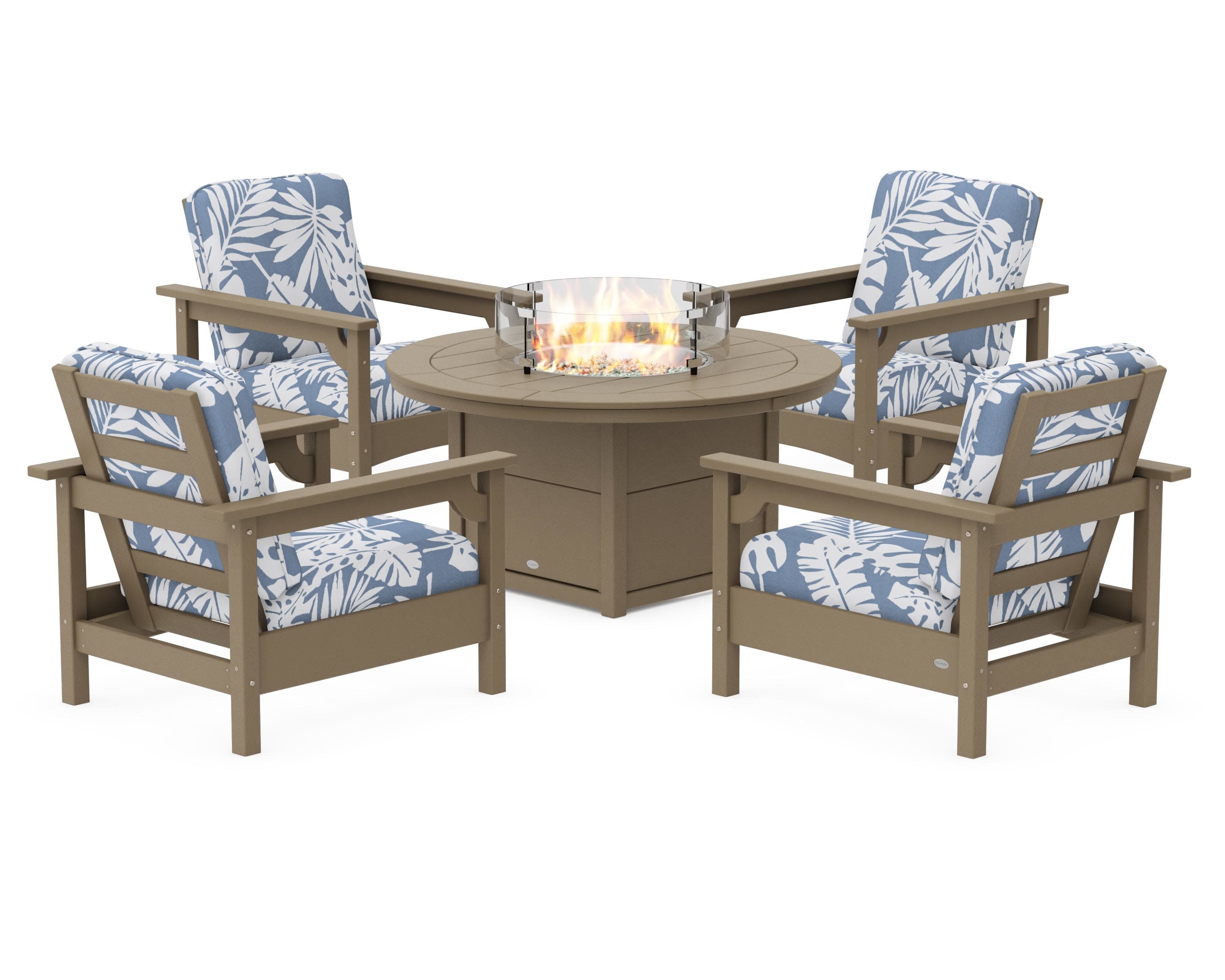 Club 5-Piece Conversation Set with Fire Pit Table in Vintage Sahara / Leaf Sky Blue
