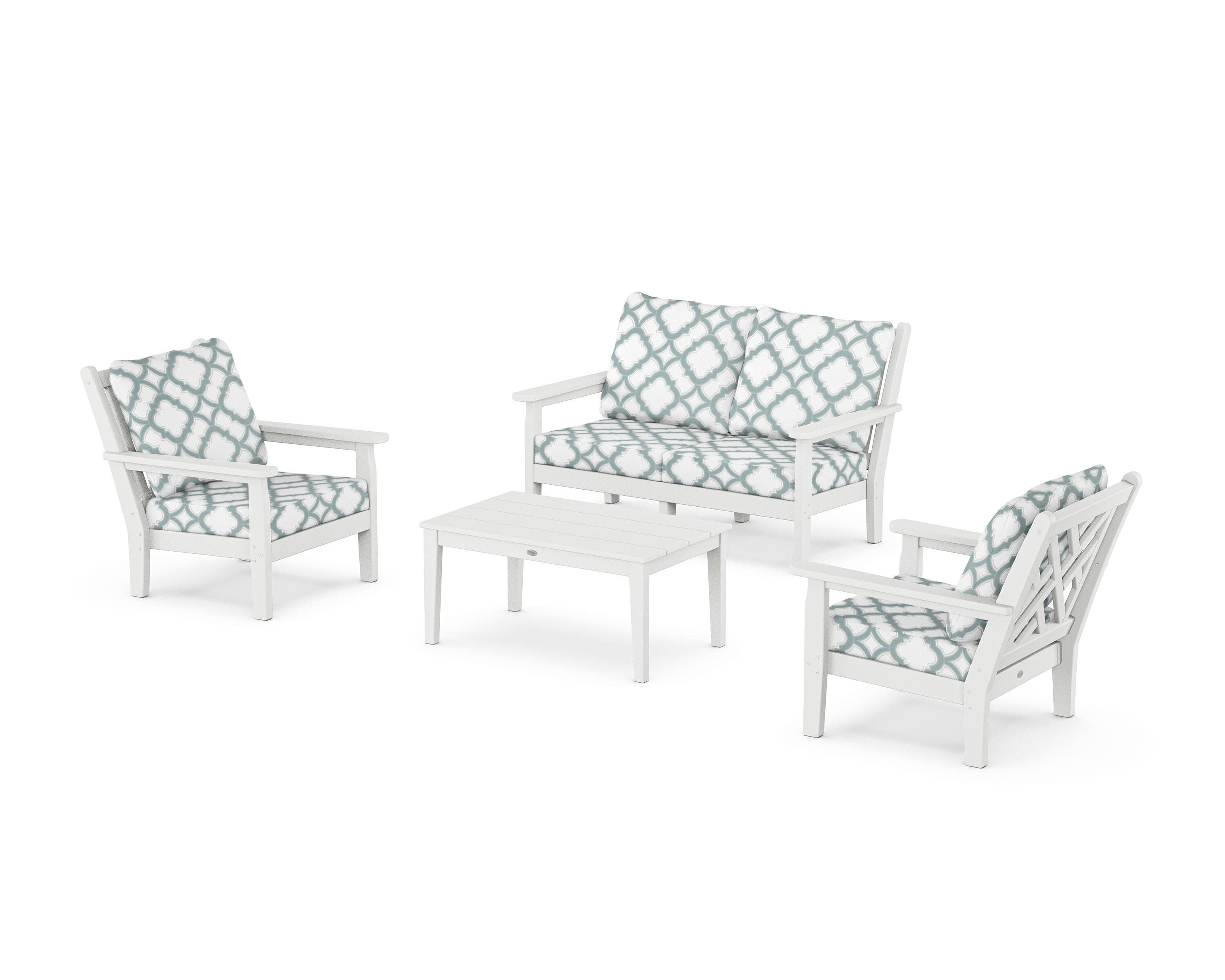 Chippendale 4-Piece Deep Seating Set with Loveseat in White / Trellis Glacier Spa