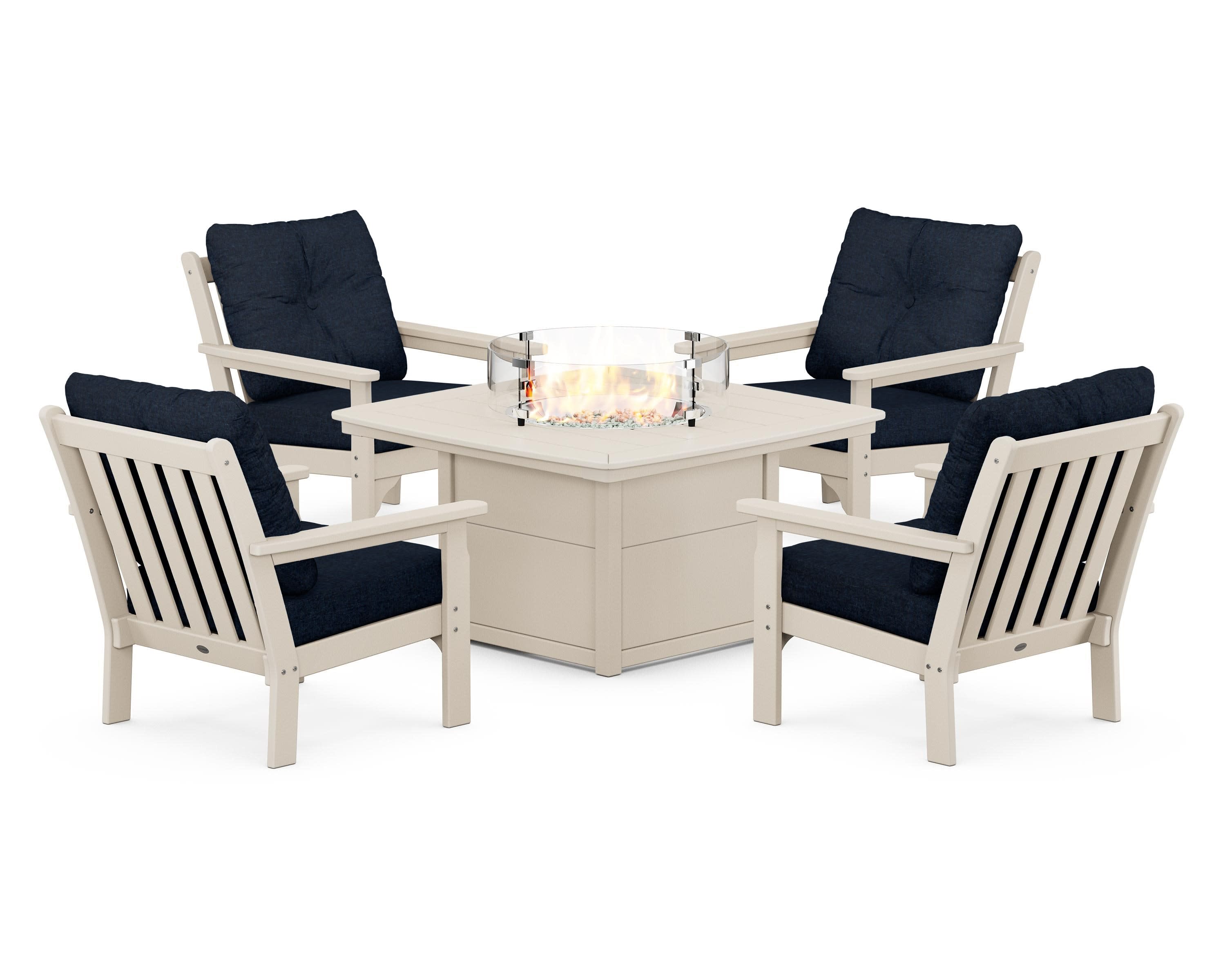 Vineyard 5-Piece Conversation Set with Fire Pit Table in Sand / Marine Indigo