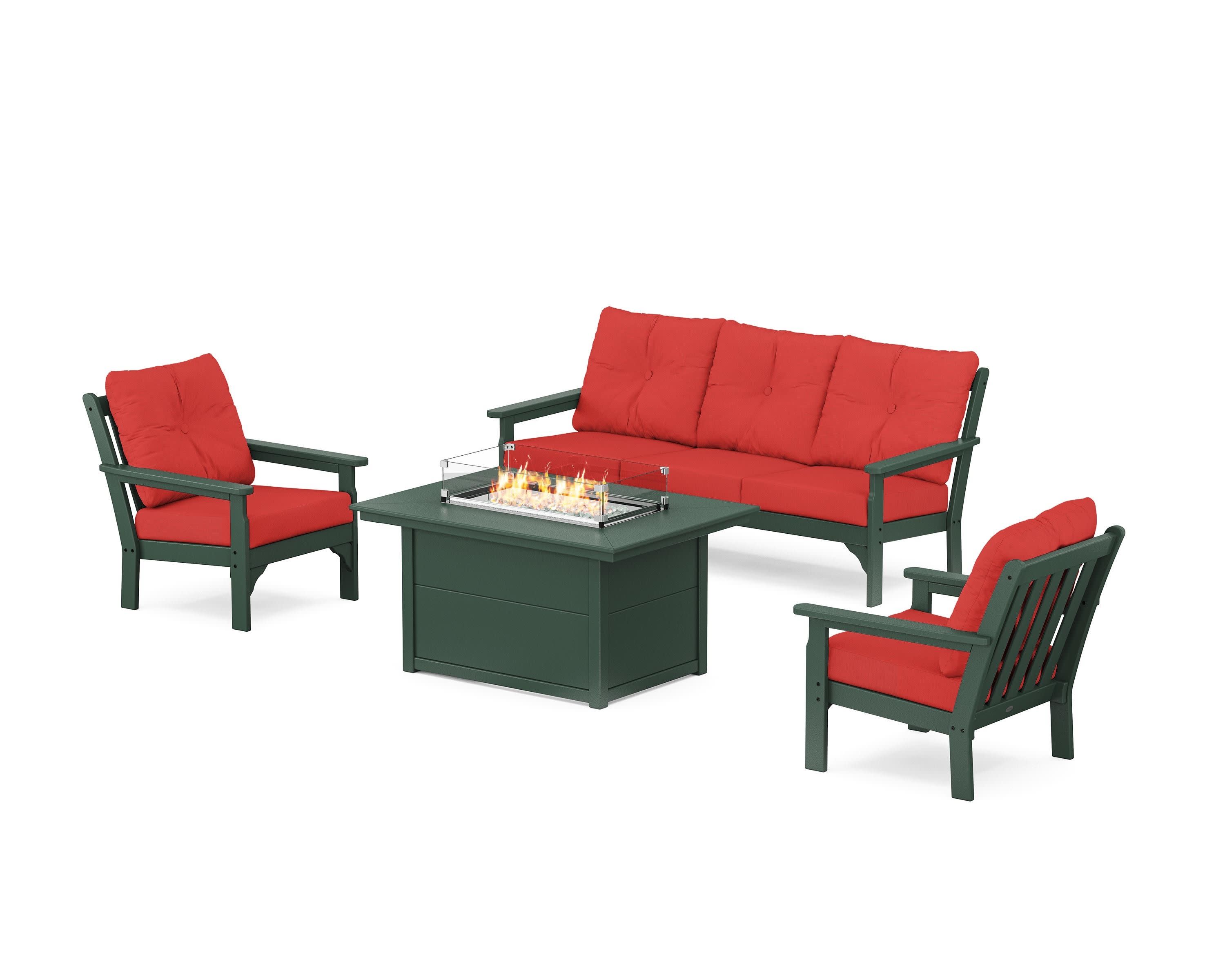 Vineyard Deep Seating Fire Pit Table Set in Green / Crimson Linen