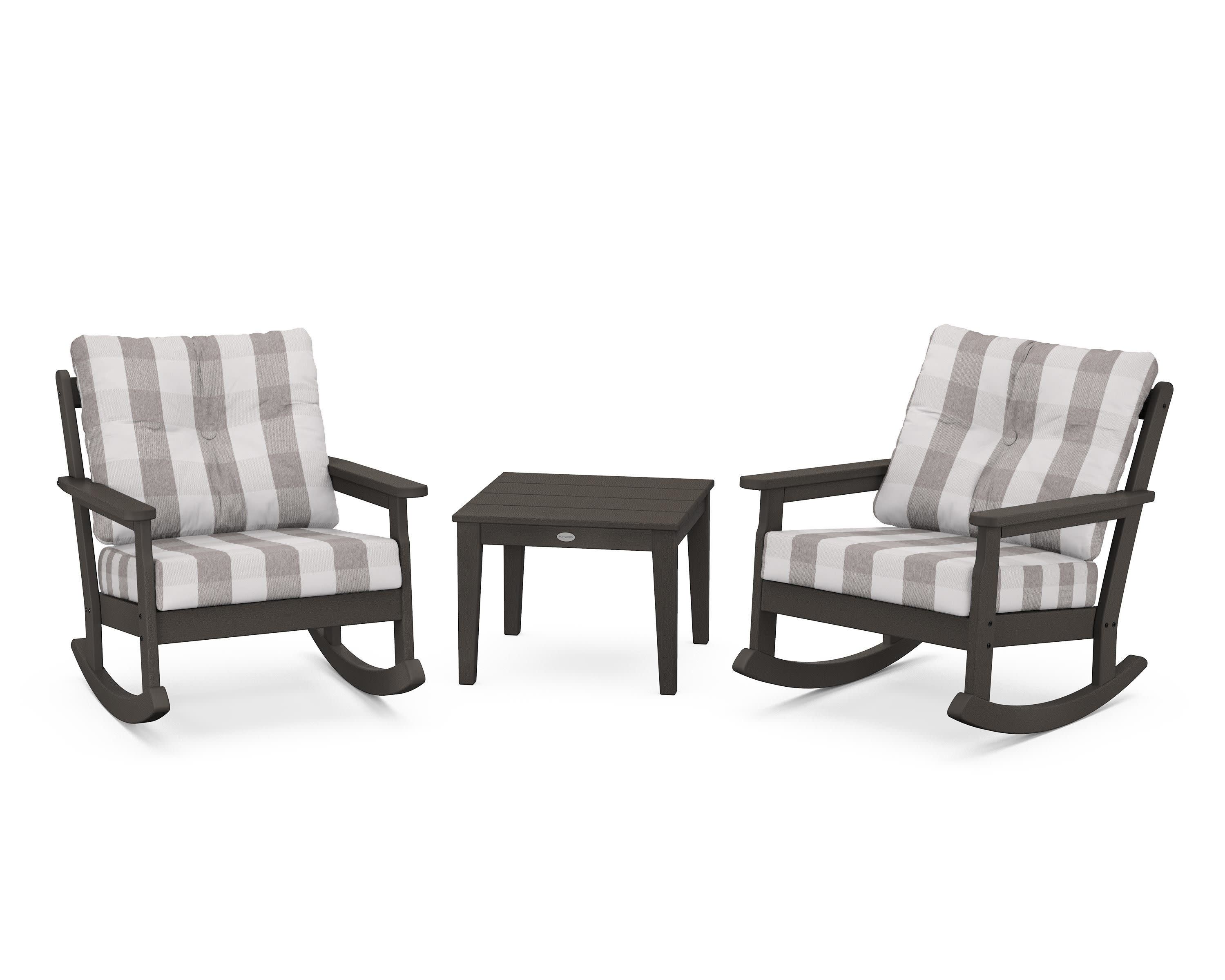 Vineyard 3-Piece Deep Seating Rocker Set in Vintage Coffee / Buffalo Plaid Grey Mist