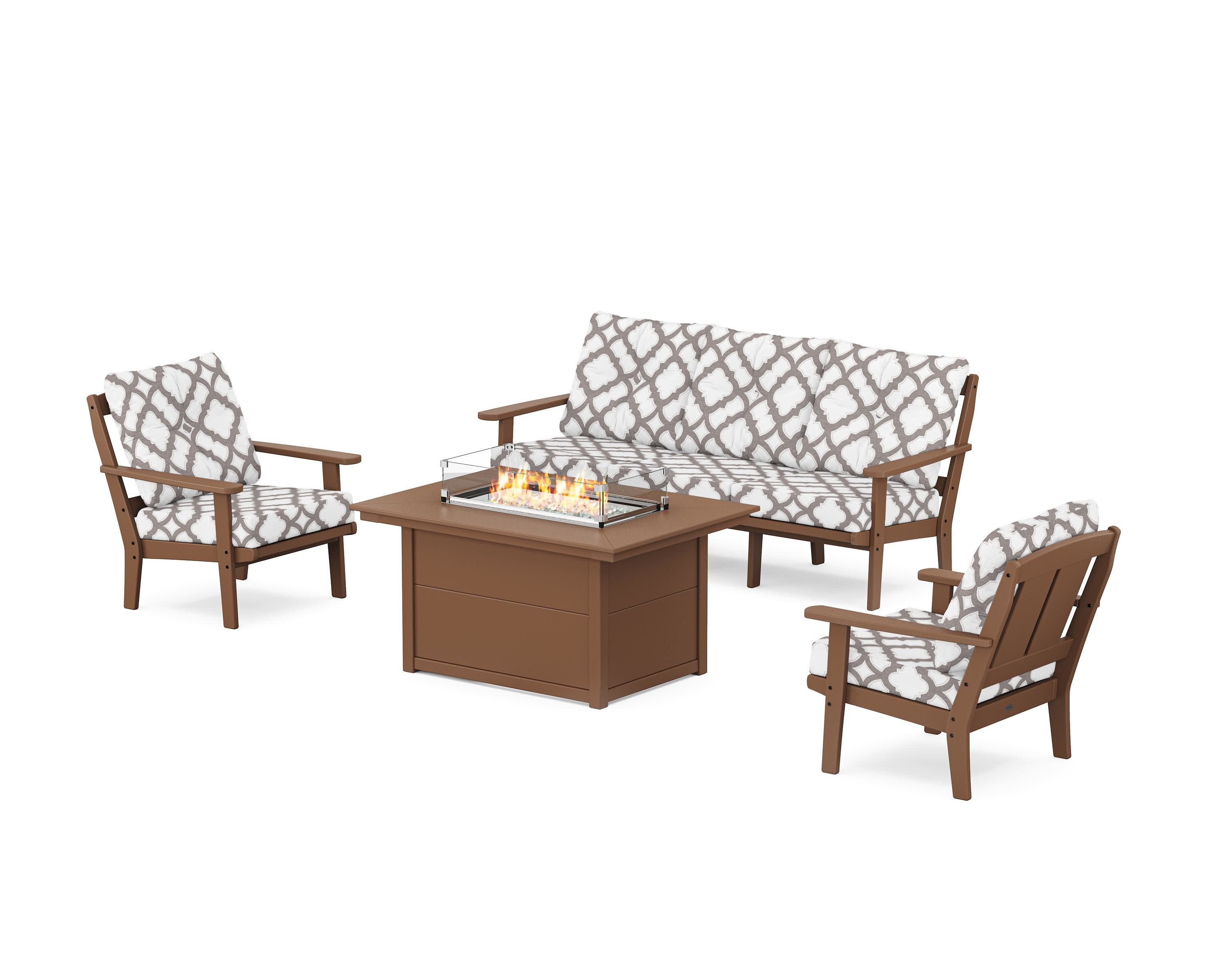 Mission Deep Seating Fire Pit Table Set in Teak / Trellis Grey Mist