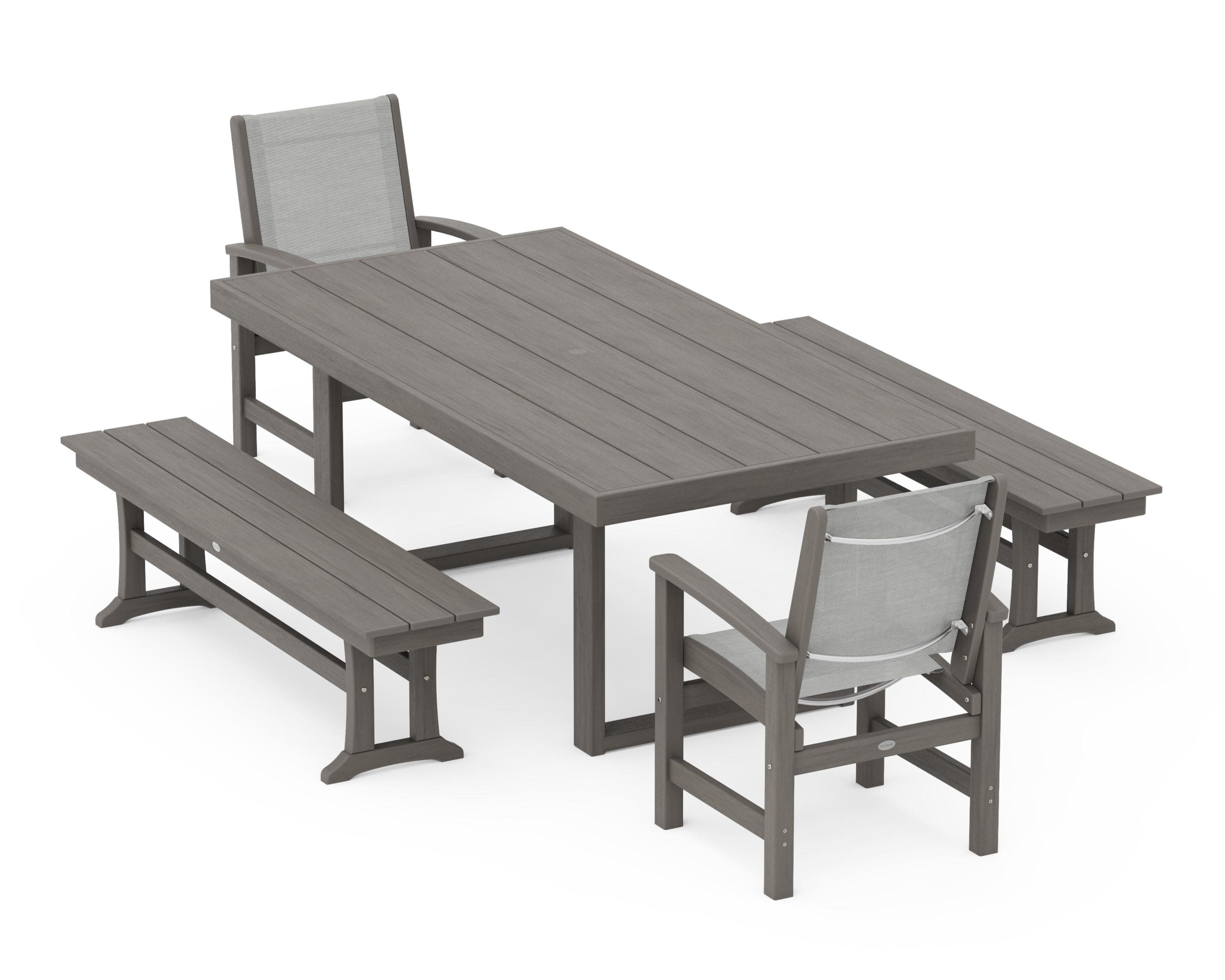 Coastal 5-Piece Dining Set with Trestle Legs in Driftwood / Metallic Sling