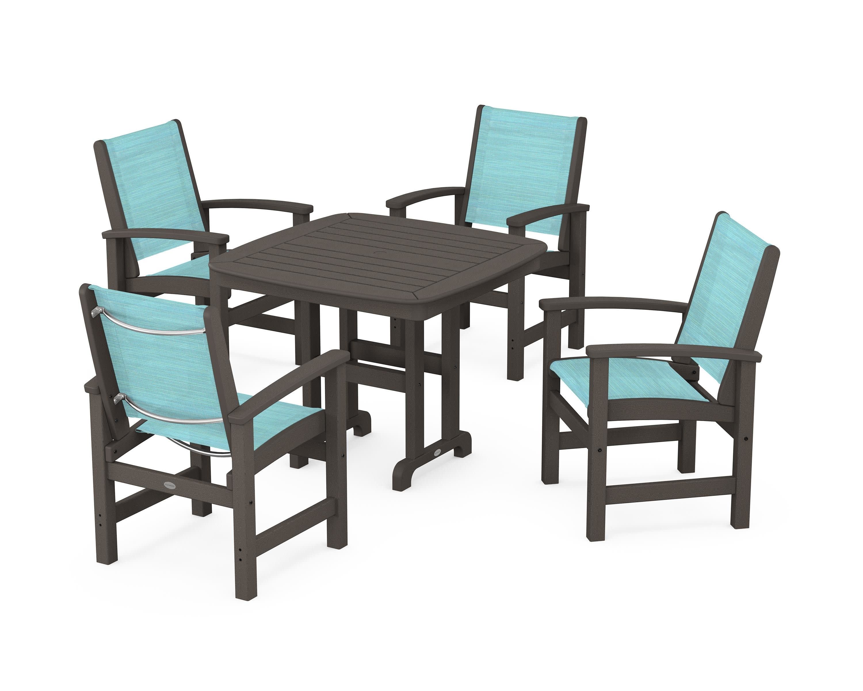 Coastal 5-Piece Dining Set in Vintage Coffee / Dupioni Aquamarine Sling