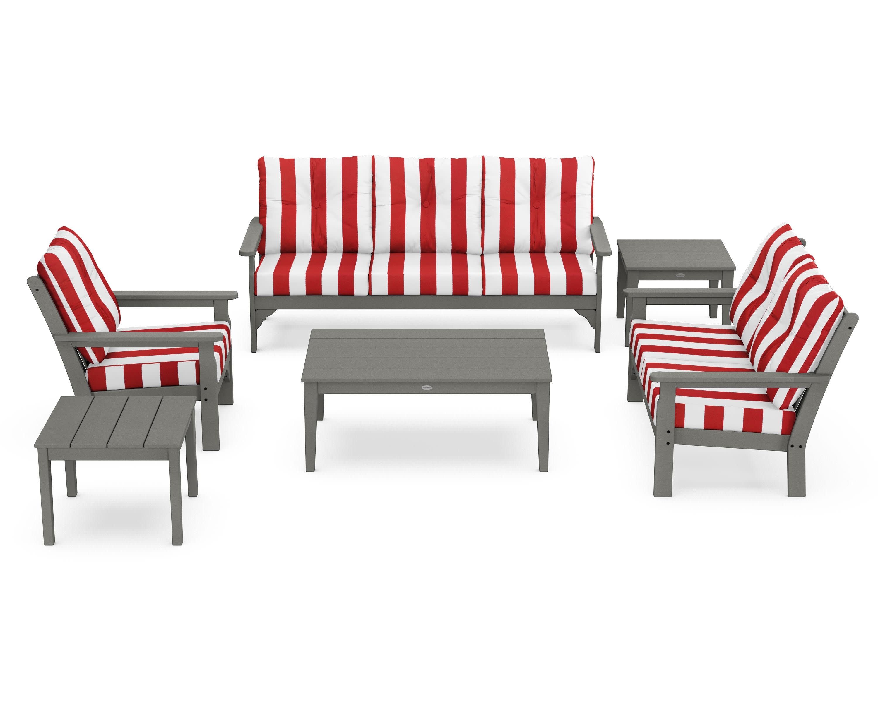 Vineyard 6-Piece Deep Seating Set in Slate Grey / Cabana Stripe Crimson