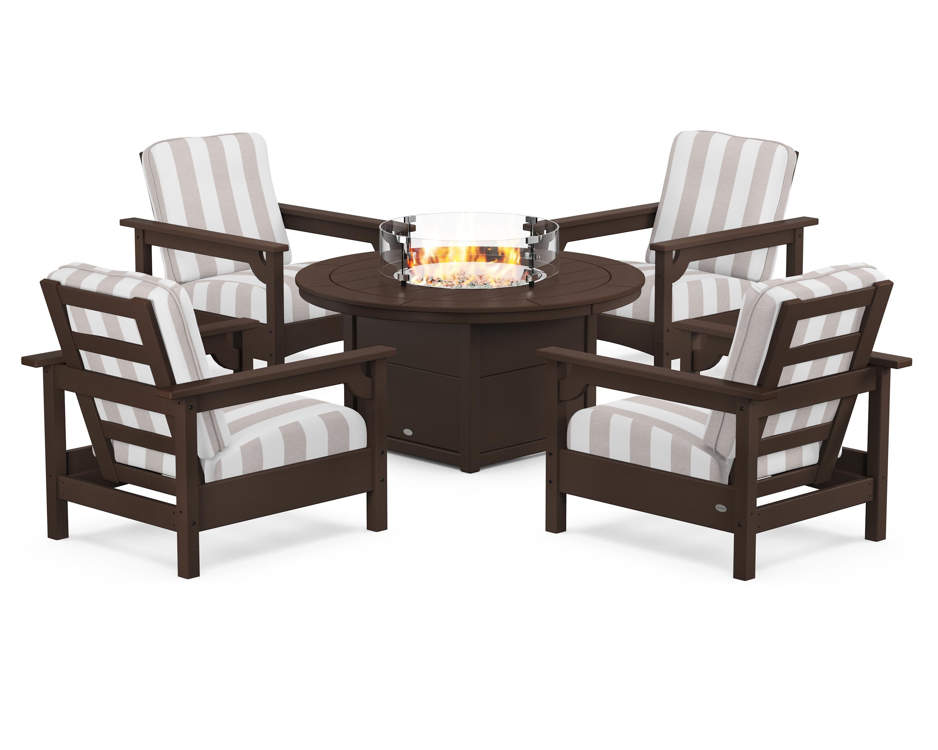 Club 5-Piece Conversation Set with Fire Pit Table in Mahogany / Cabana Stripe Dune Burlap