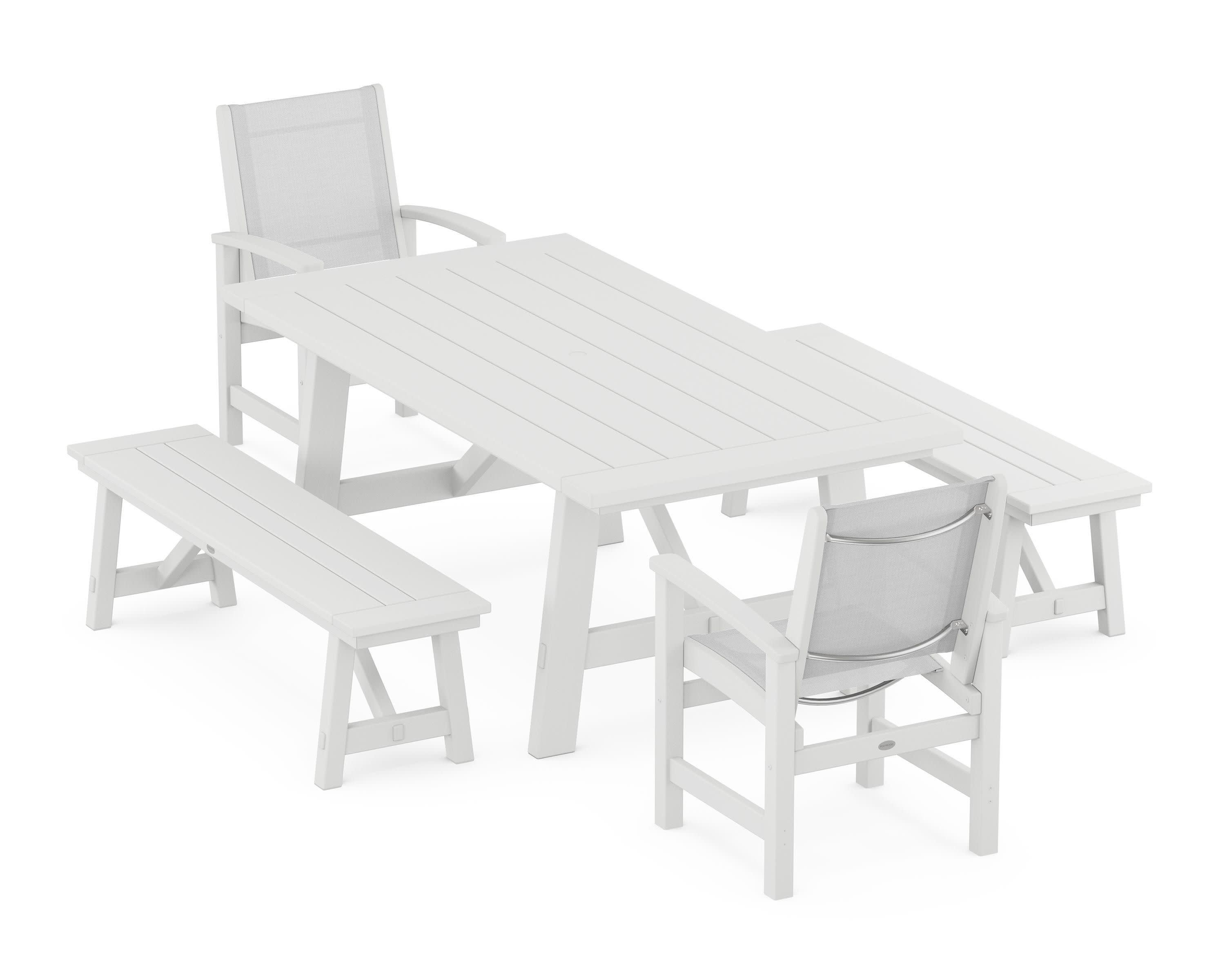 Coastal 5-Piece Rustic Farmhouse Dining Set With Benches in White / White Sling