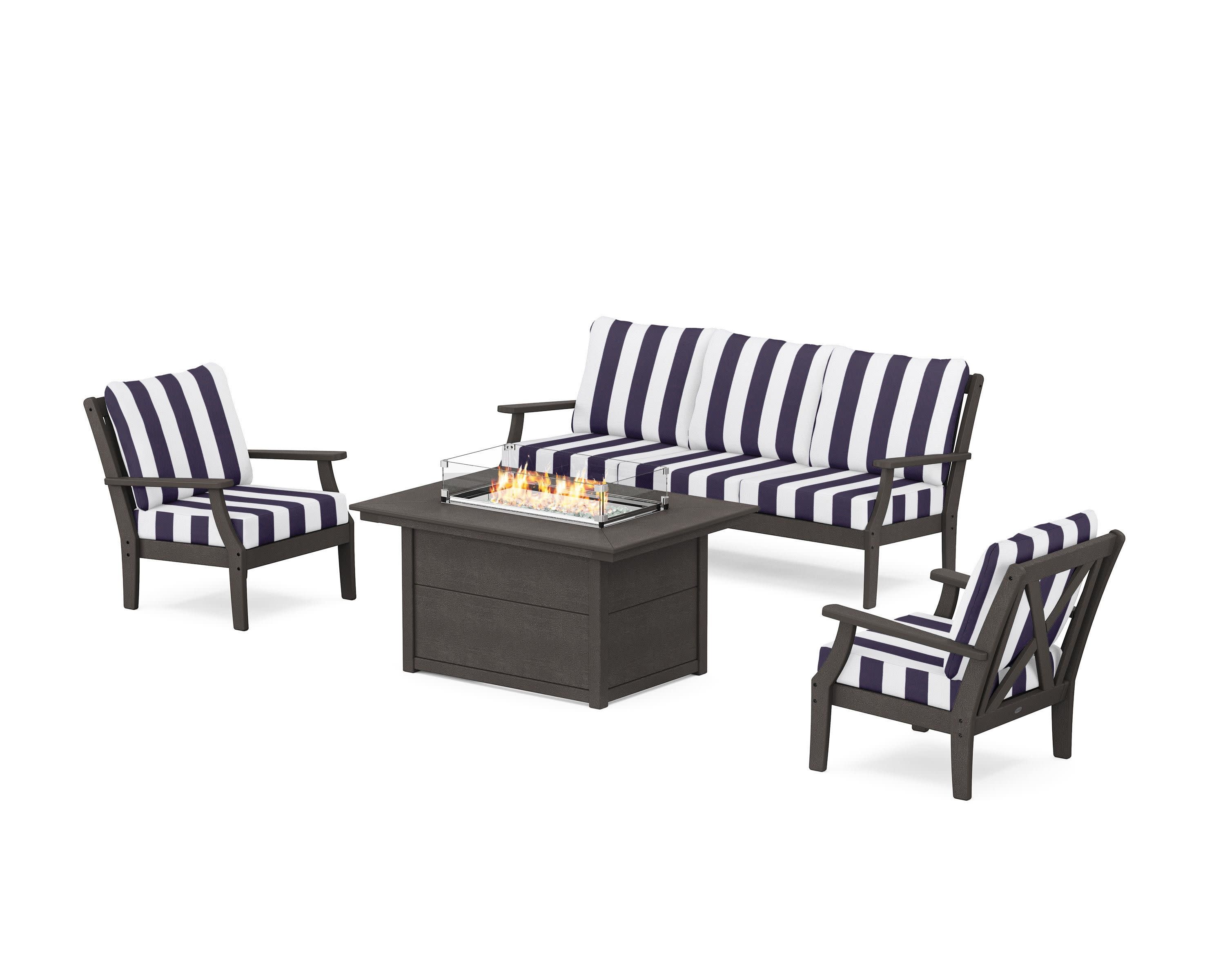 Braxton Deep Seating Fire Pit Table Set in Vintage Coffee / Cabana Stripe Navy