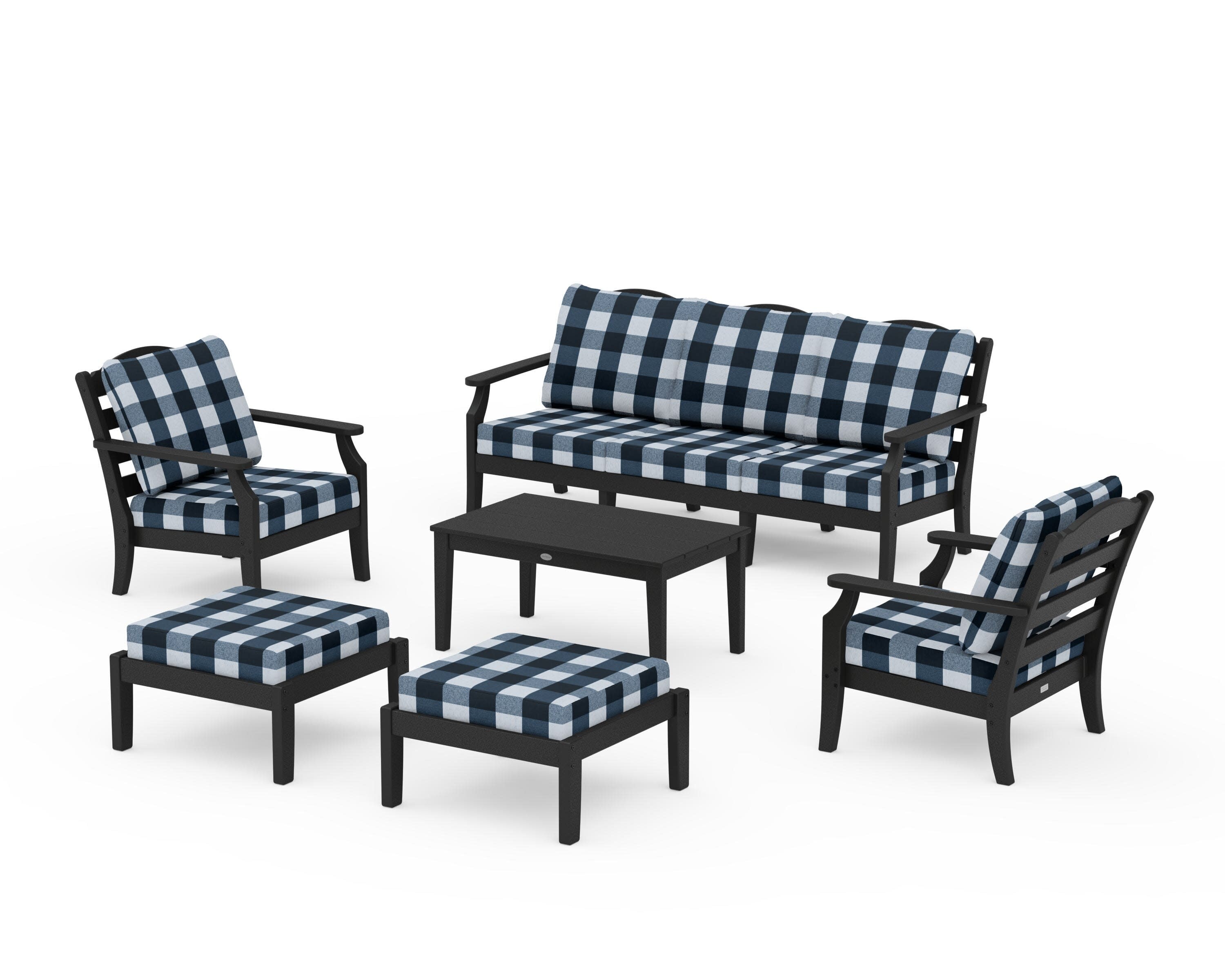 Savannah 6-Piece Lounge Sofa Set in Black / Buffalo Plaid Marine Indigo