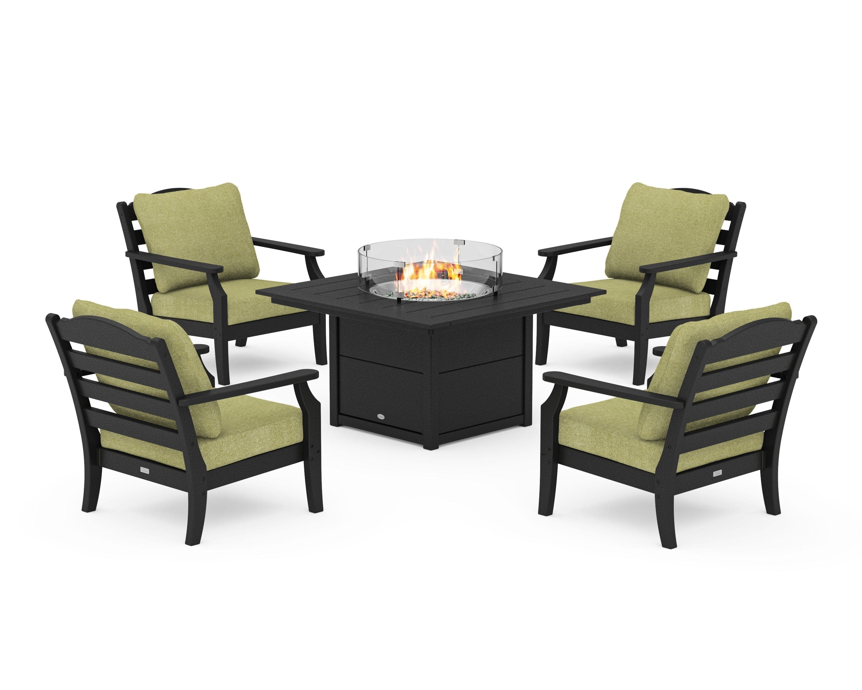 Savannah 5-Piece Deep Seating Set with Fire Pit Table in Black / Chartreuse Boucle