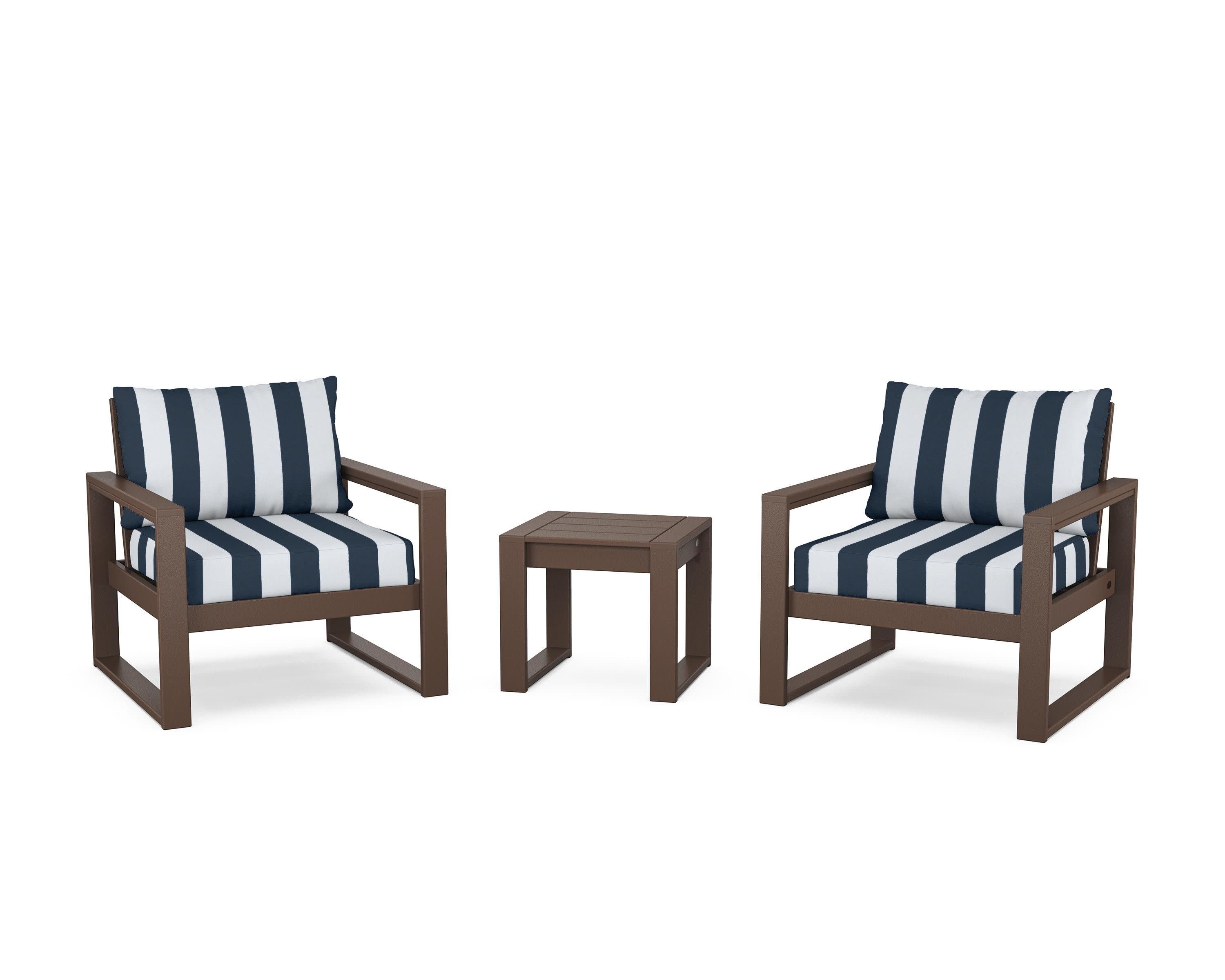 EDGE Sectional 3-Piece Deep Seating Set in Mahogany / Cabana Stripe Marine Indigo