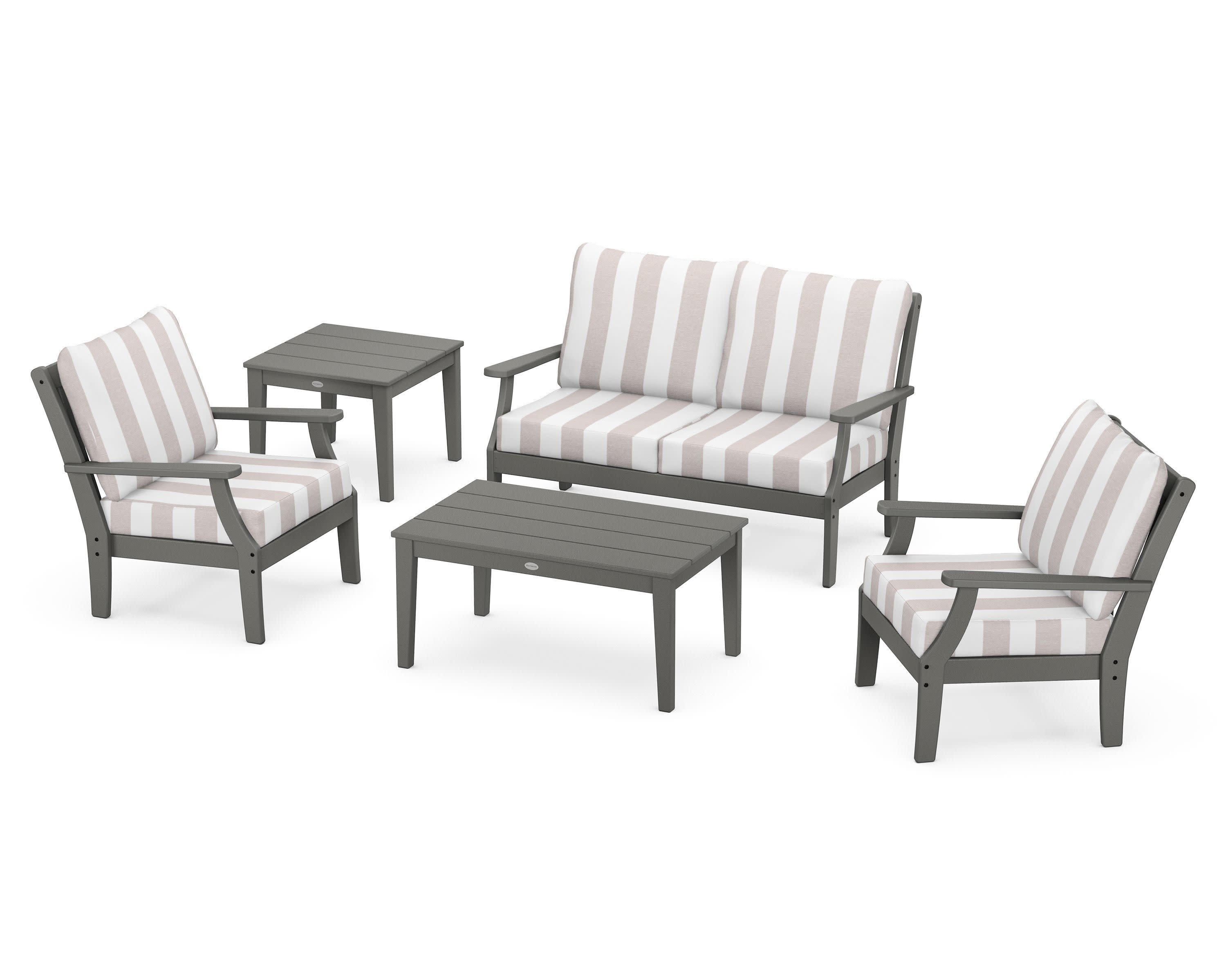 Braxton 5-Piece Deep Seating Set in Slate Grey / Cabana Stripe Dune Burlap
