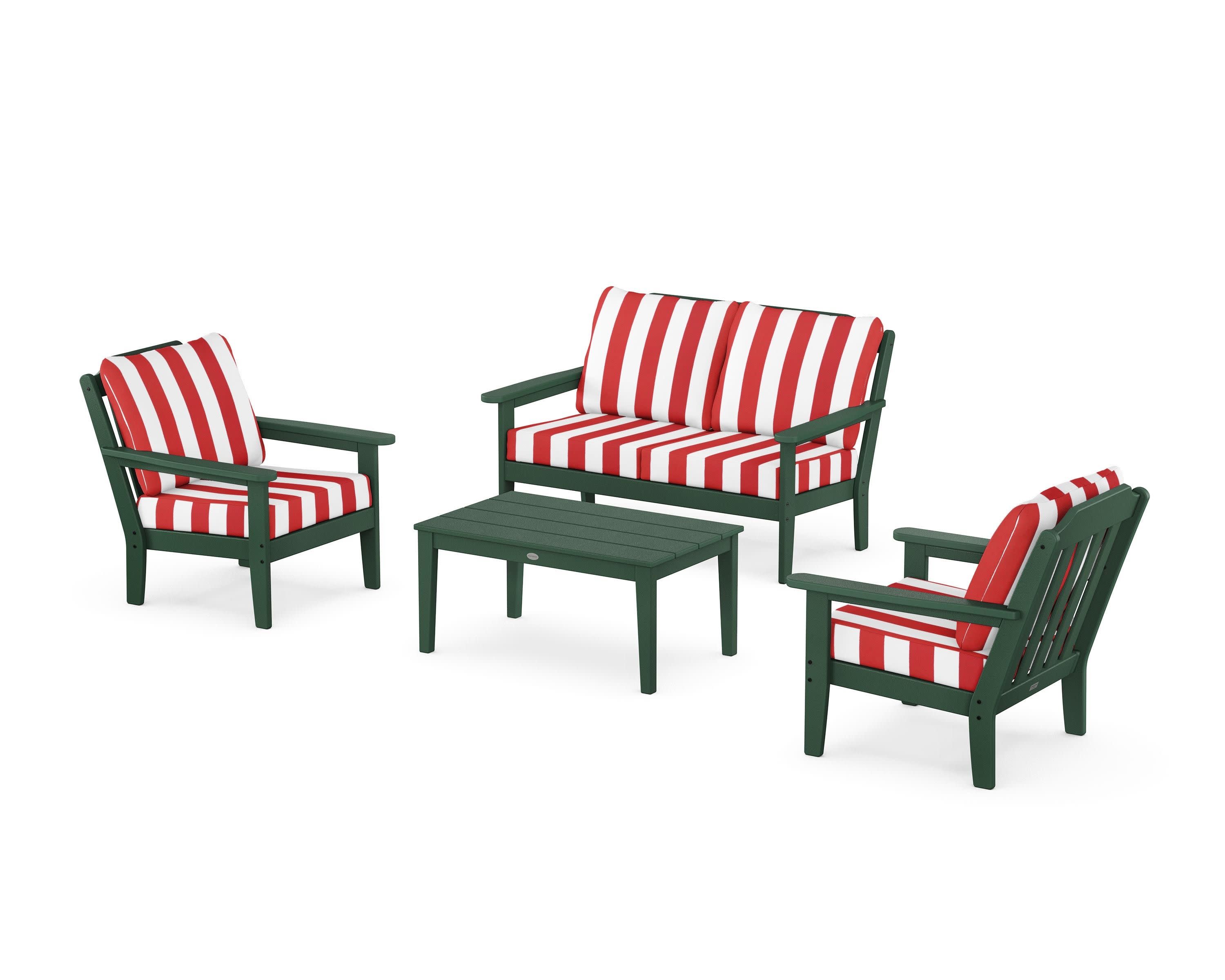 Cottage 4-Piece Deep Seating Set with Loveseat in Green / Cabana Stripe Crimson