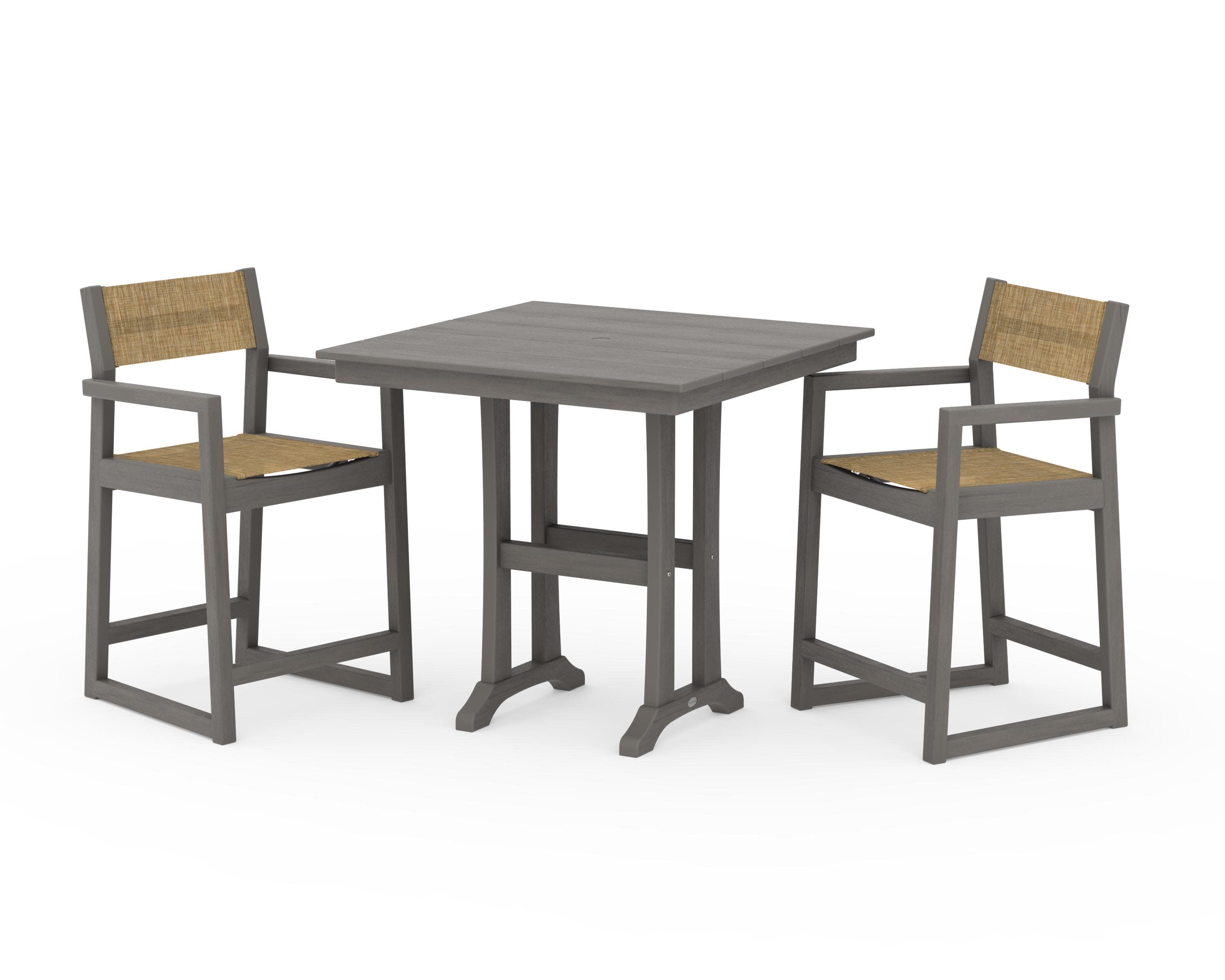 EDGE Sling Arm Chair 3-Piece Farmhouse Counter Set with Trestle Legs in Driftwood / Burlap Sling