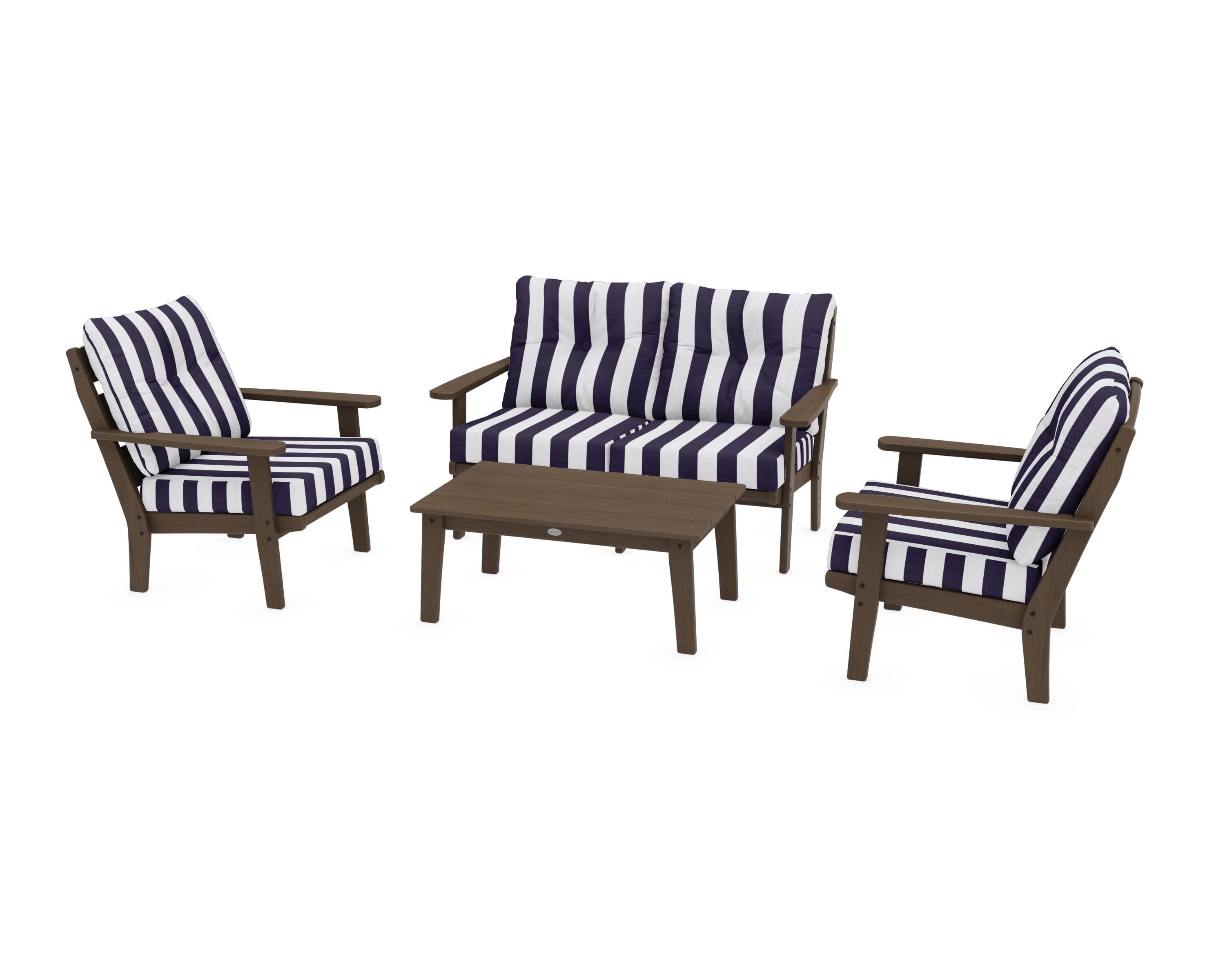 Lakeside 4-Piece Deep Seating Set in Kona / Cabana Stripe Navy