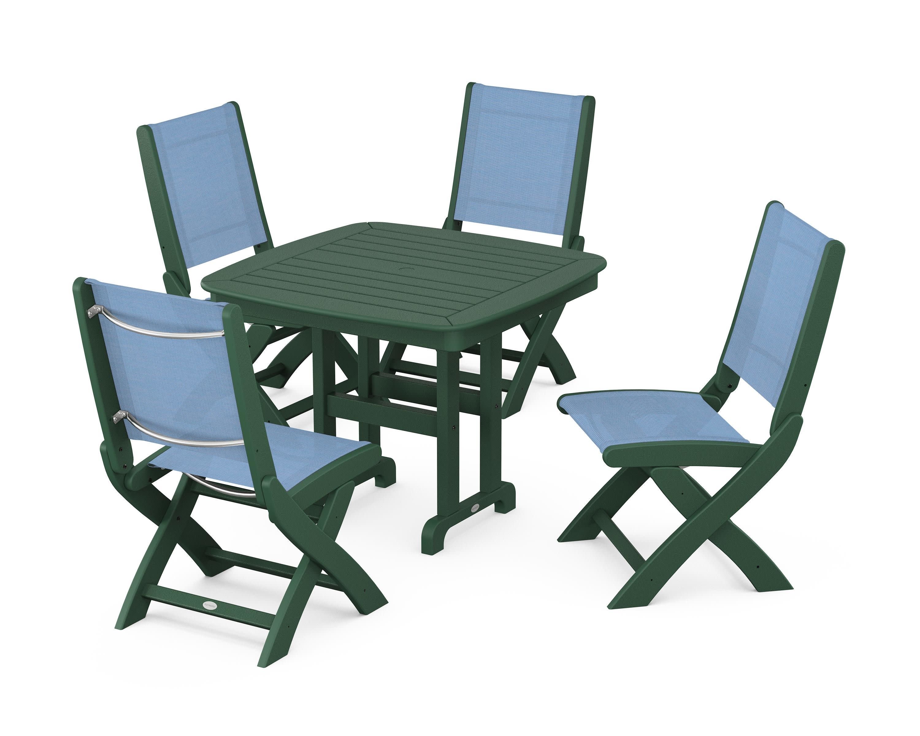 Coastal Folding Side Chair 5-Piece Dining Set in Green / Poolside Sling