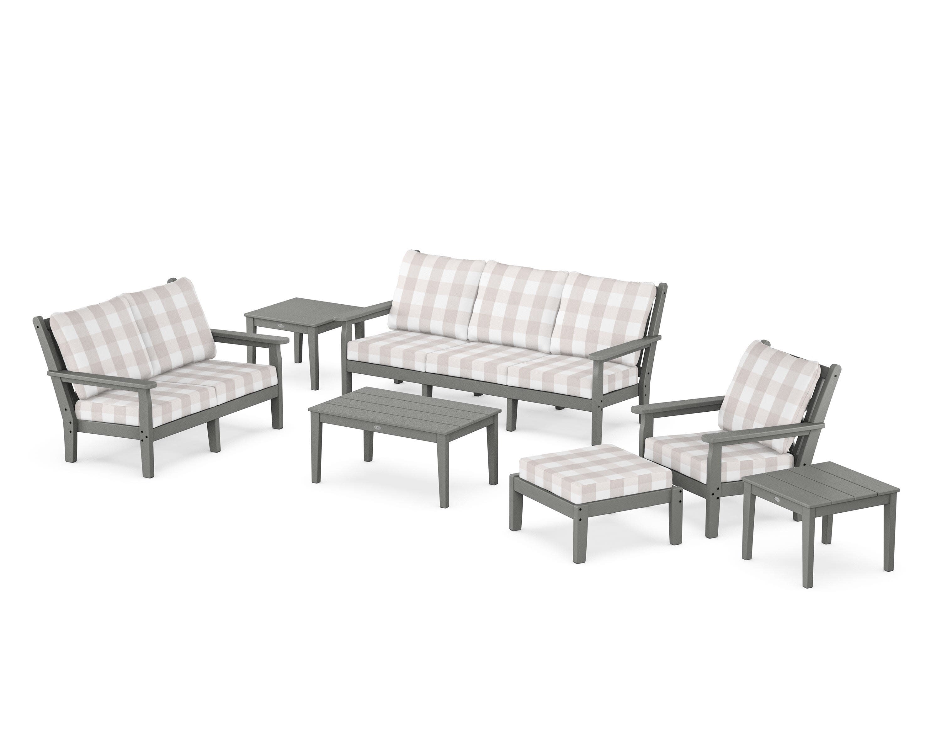 Chippendale 7-Piece Deep Seating Set in Slate Grey / Buffalo Plaid Dune Burlap