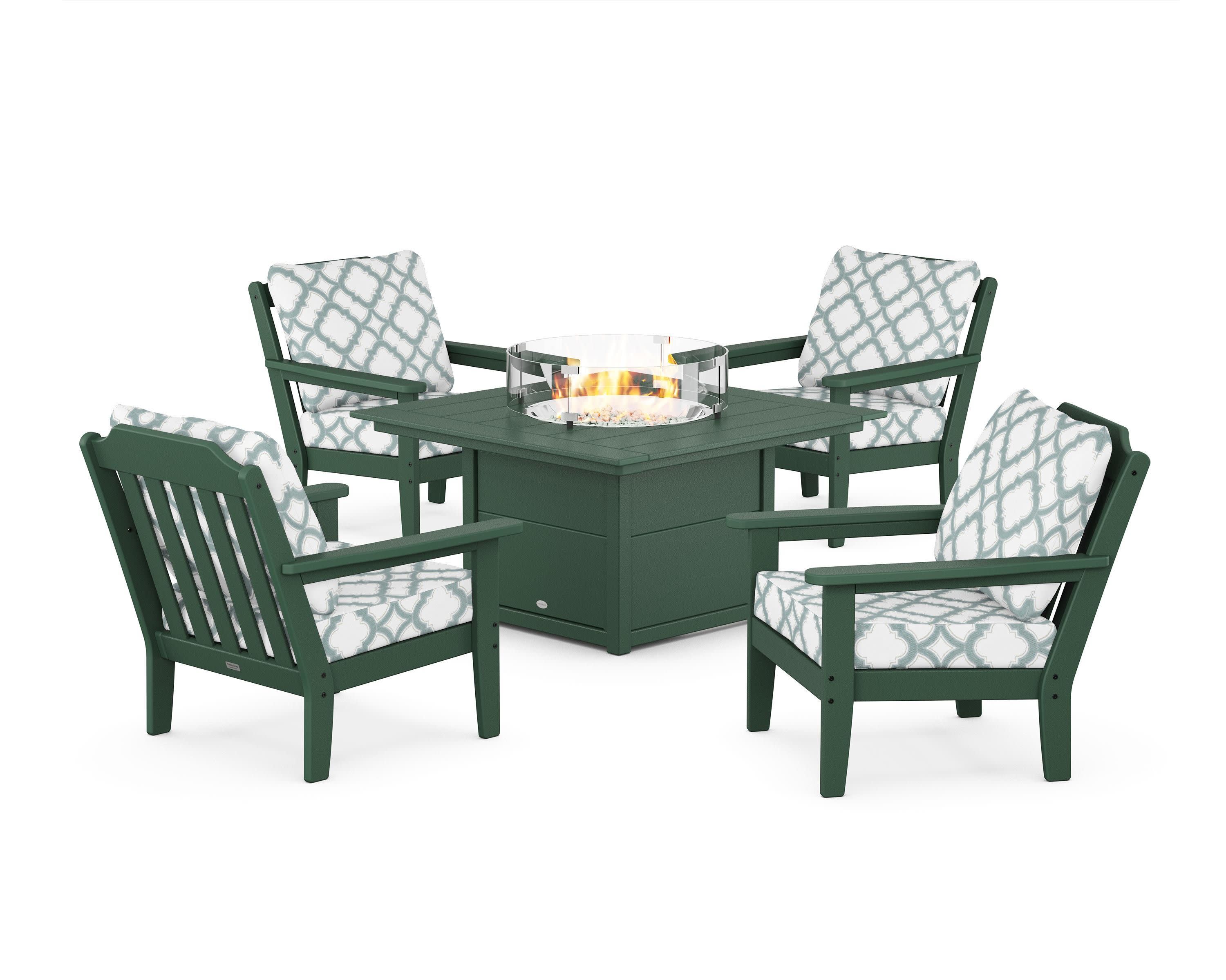 Cottage 5-Piece Deep Seating Set with Fire Pit Table in Green / Trellis Glacier Spa