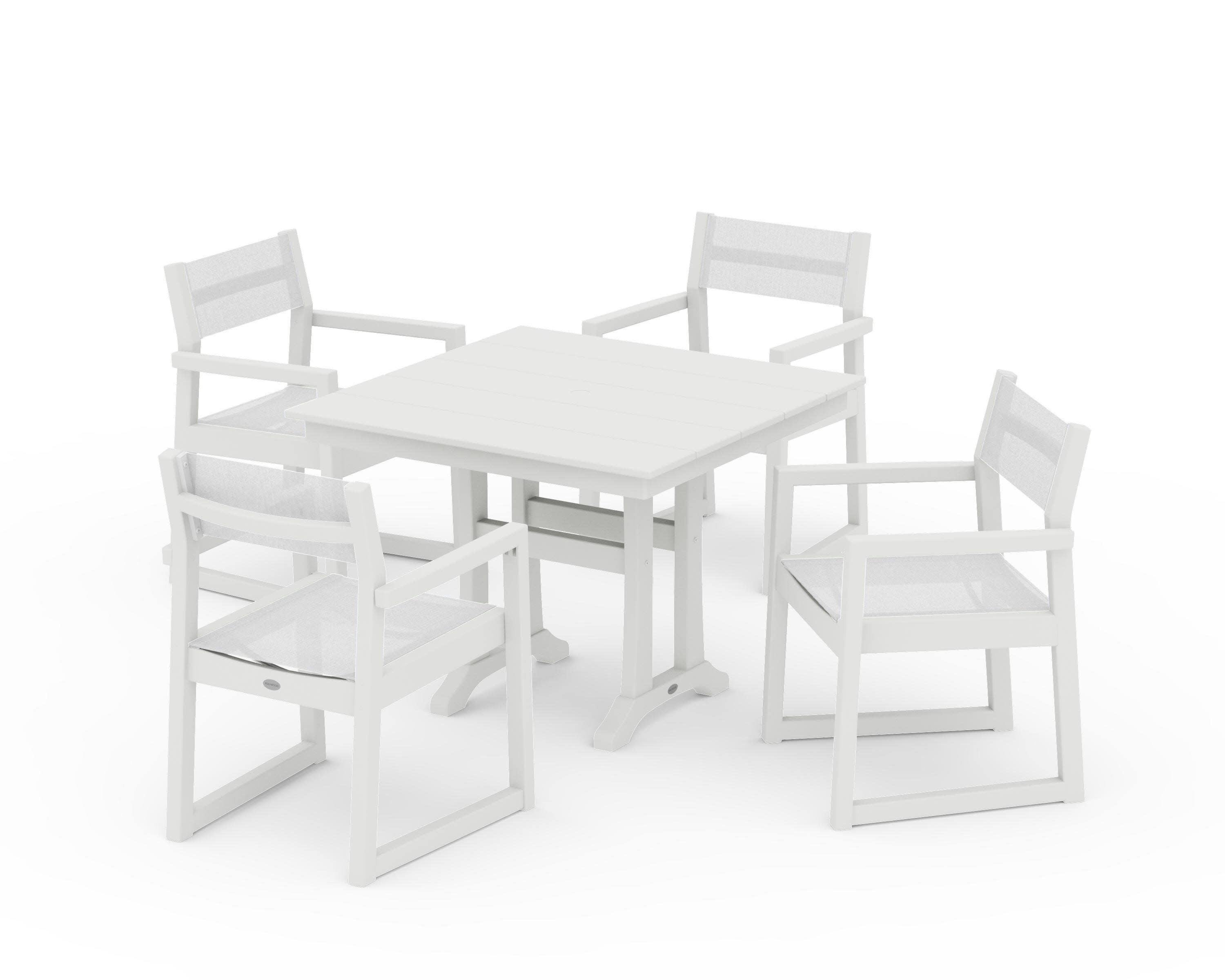 EDGE Sling 5-Piece Farmhouse Dining Set with Trestle Legs in Vintage White / White Sling