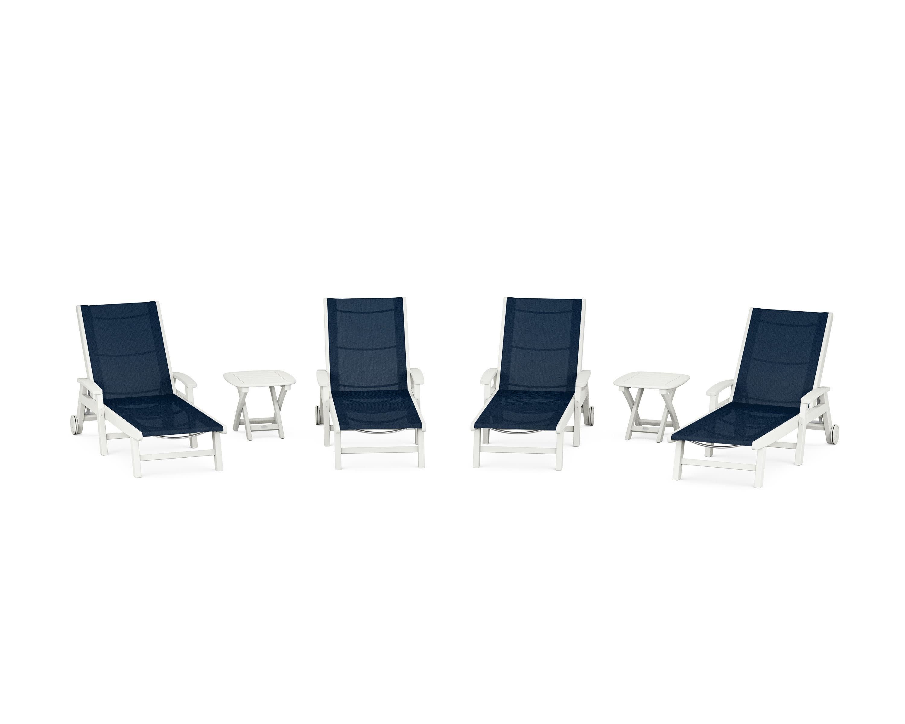 Coastal Chaise 6-Piece Set with Wheels in Vintage White / Navy Blue Sling