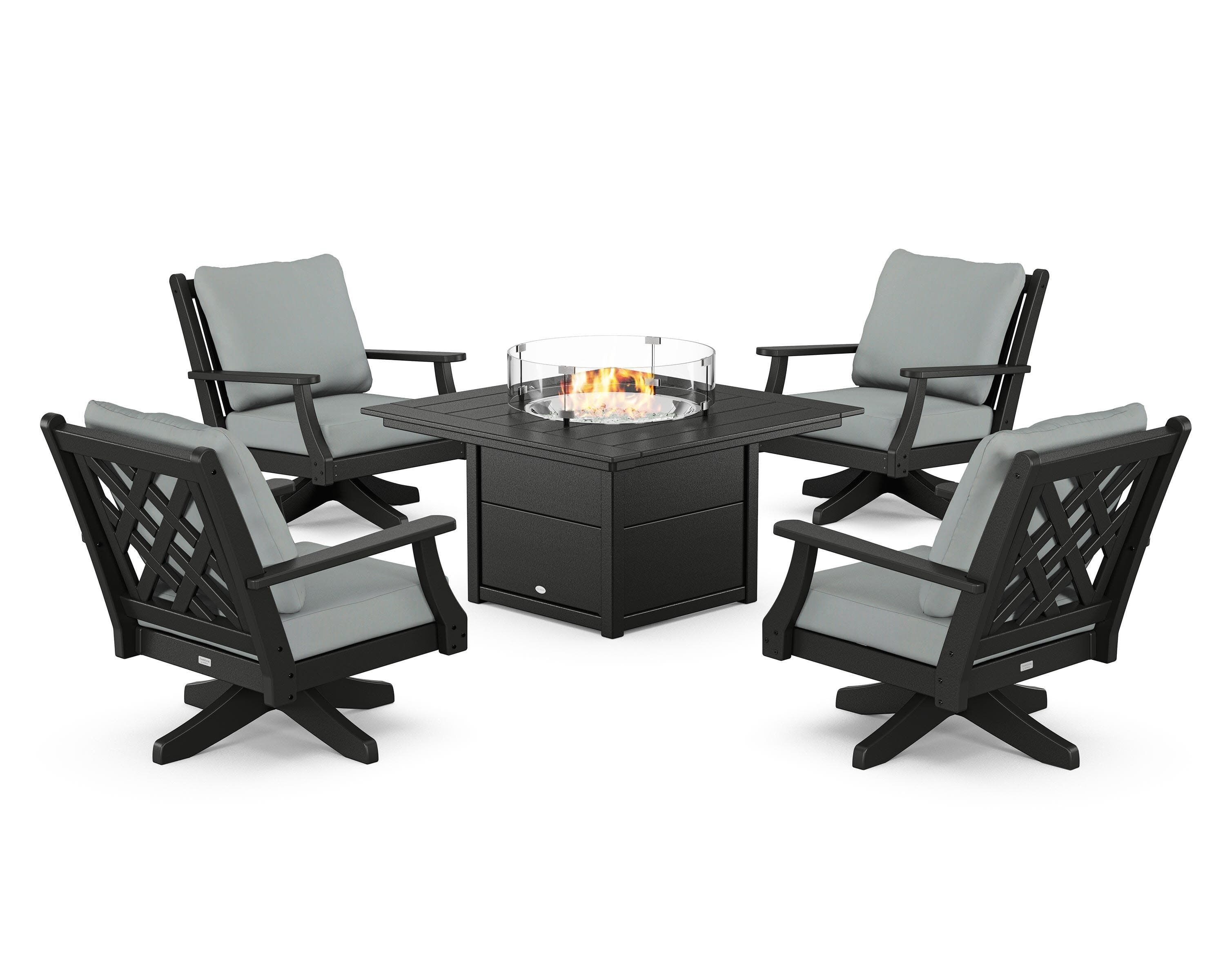 Wovendale 5-Piece Deep Seating Swivel Conversation Set with Fire Pit Table in Black / Spa