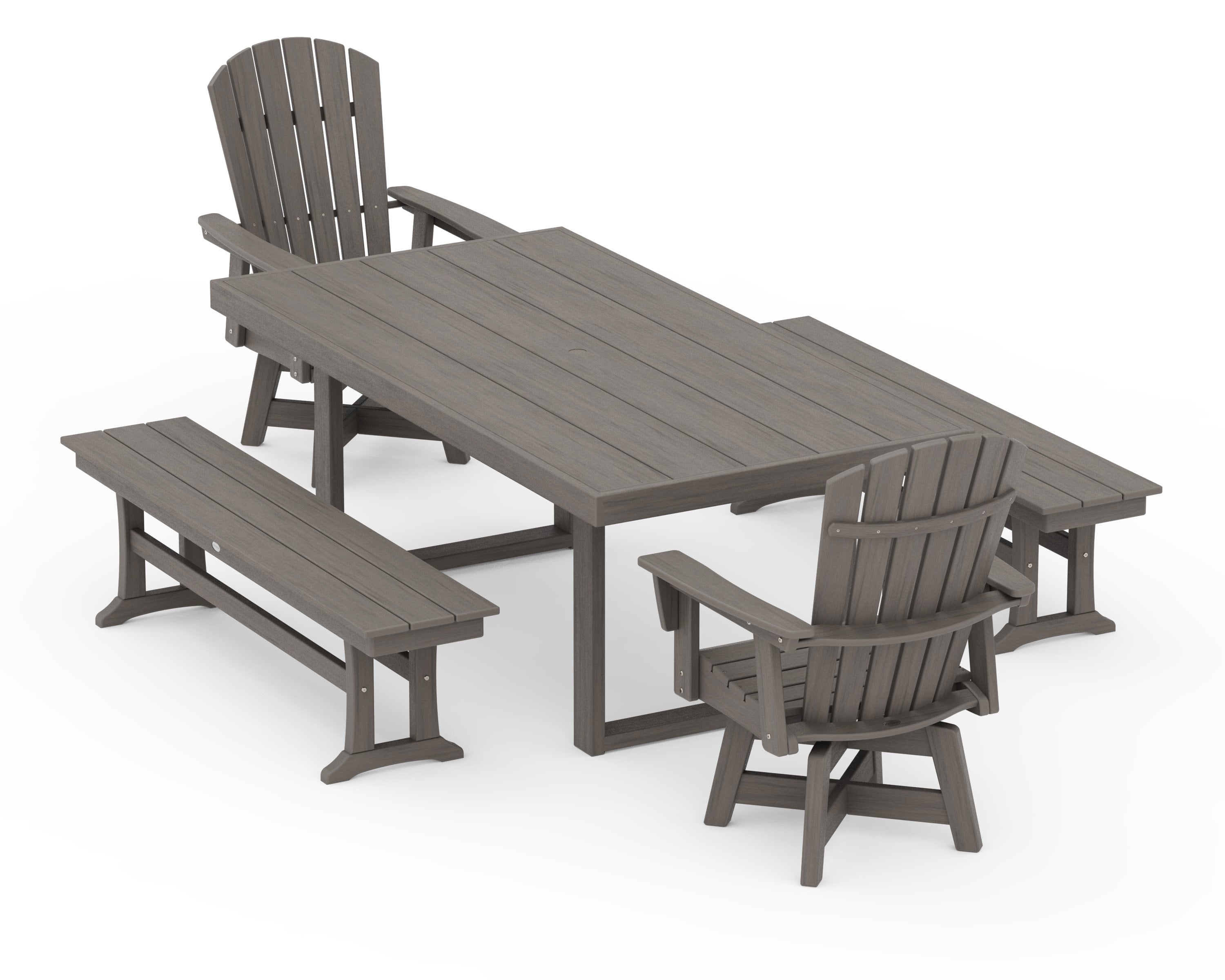 Nautical Curveback Adirondack Swivel Chair 5-Piece Dining Set with Benches in Driftwood