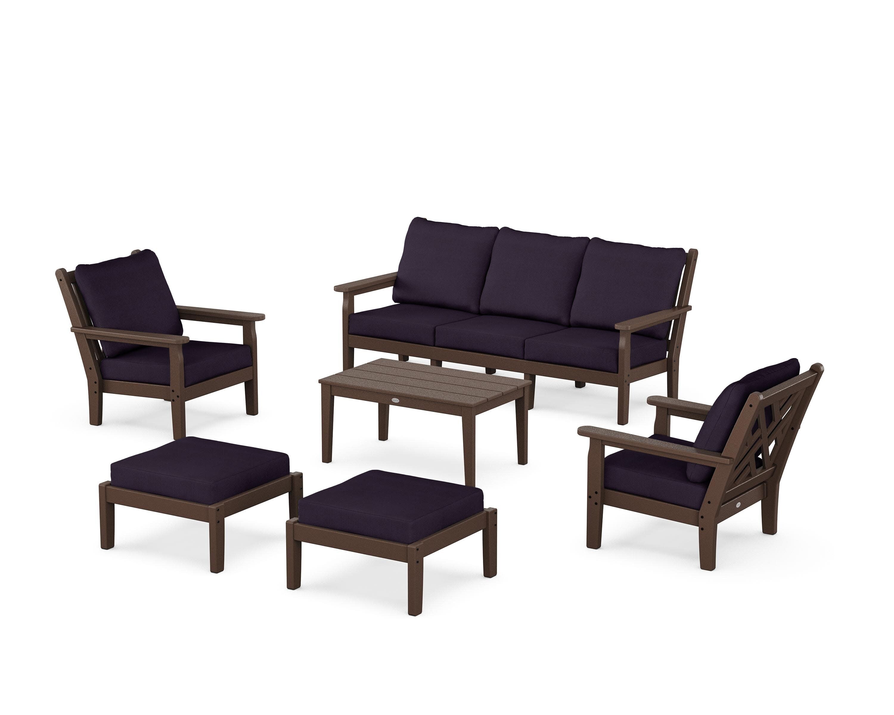 Chippendale 6-Piece Lounge Sofa Set in Mahogany / Navy Linen