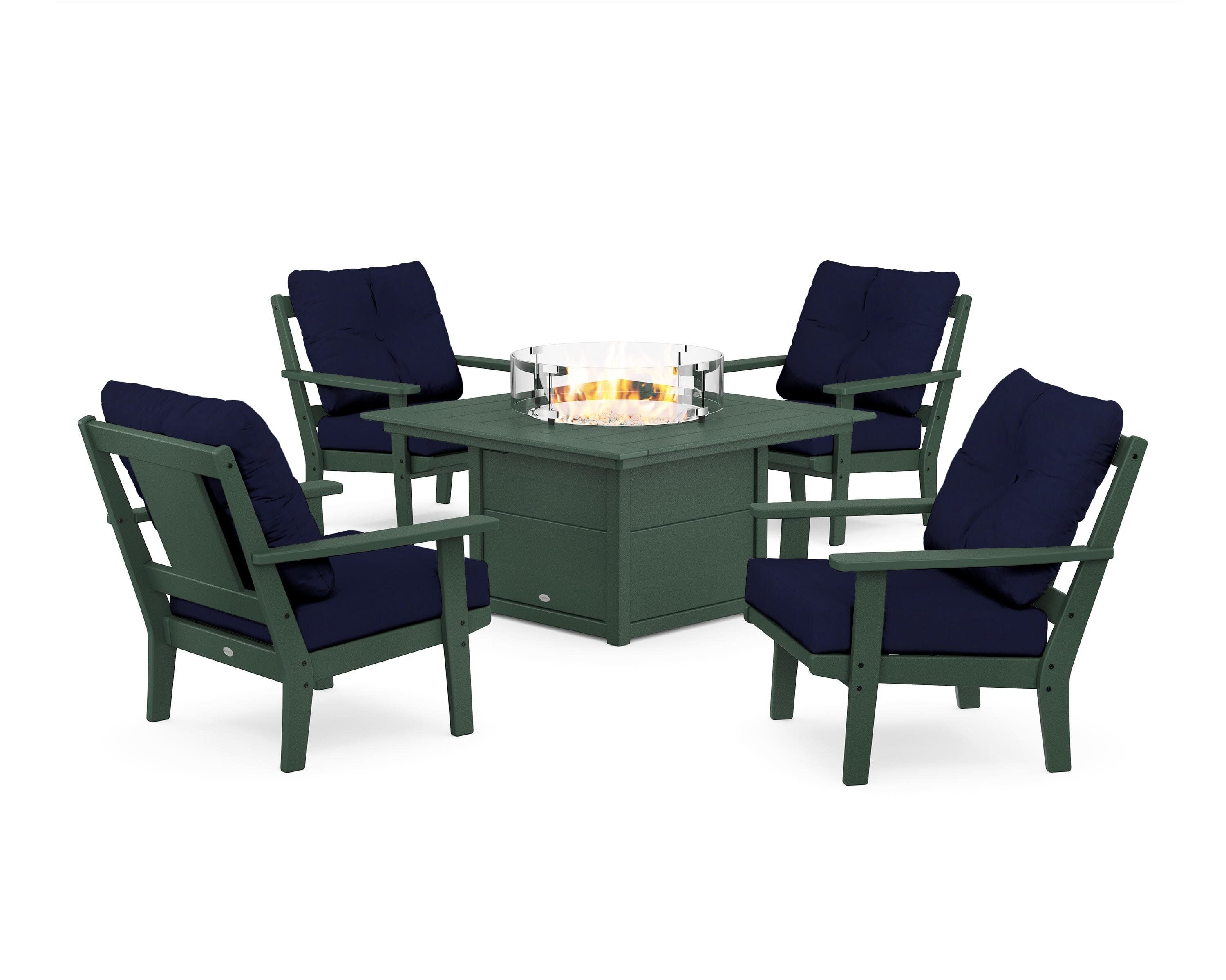 Prairie 5-Piece Deep Seating Set with Fire Pit Table in Green / Navy